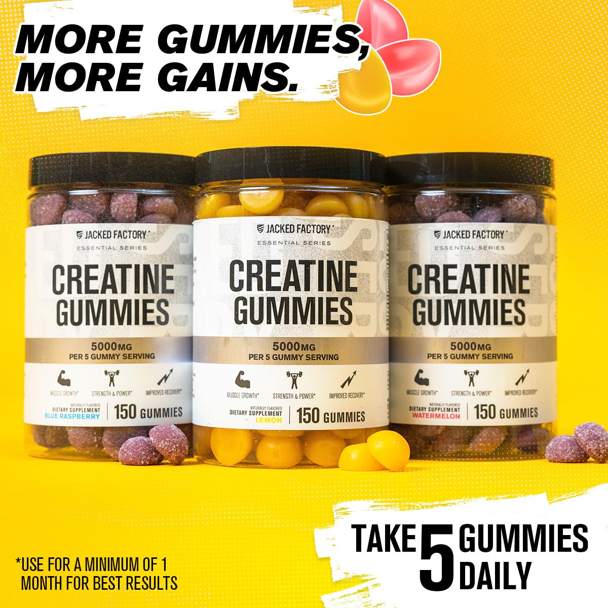 Jacked Factory Creatine Gummies 5g Daily Dose (1g per Gummy) - Creatine Gummy for Men and Women, Vegan-Friendly, Travel-Friendly, Third-Party Tested - 150 Gummies, Blue Raspberry — Amazon image 5