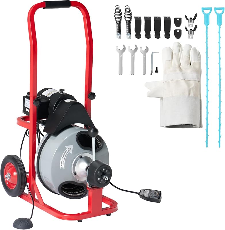 Albott 75 FT x 3/8 Inch Electric Drain Cleaner Machine | Auto-Feed Sewer Snake Auger for 1-4 Inch Pipes, with 10 Cutters, Wheels and Foot Switch, Gray/Red