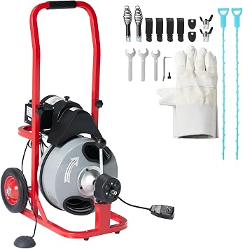 Albott 100 FT x 1/2 inch Electric Drain Cleaner Machine with Auto-Feed & 10 Cutters, Sewer Snake Auger for 14 Inch Pipes, Foot Switch & Wheels, Ideal for Home & Commercial Use, Gray/Red