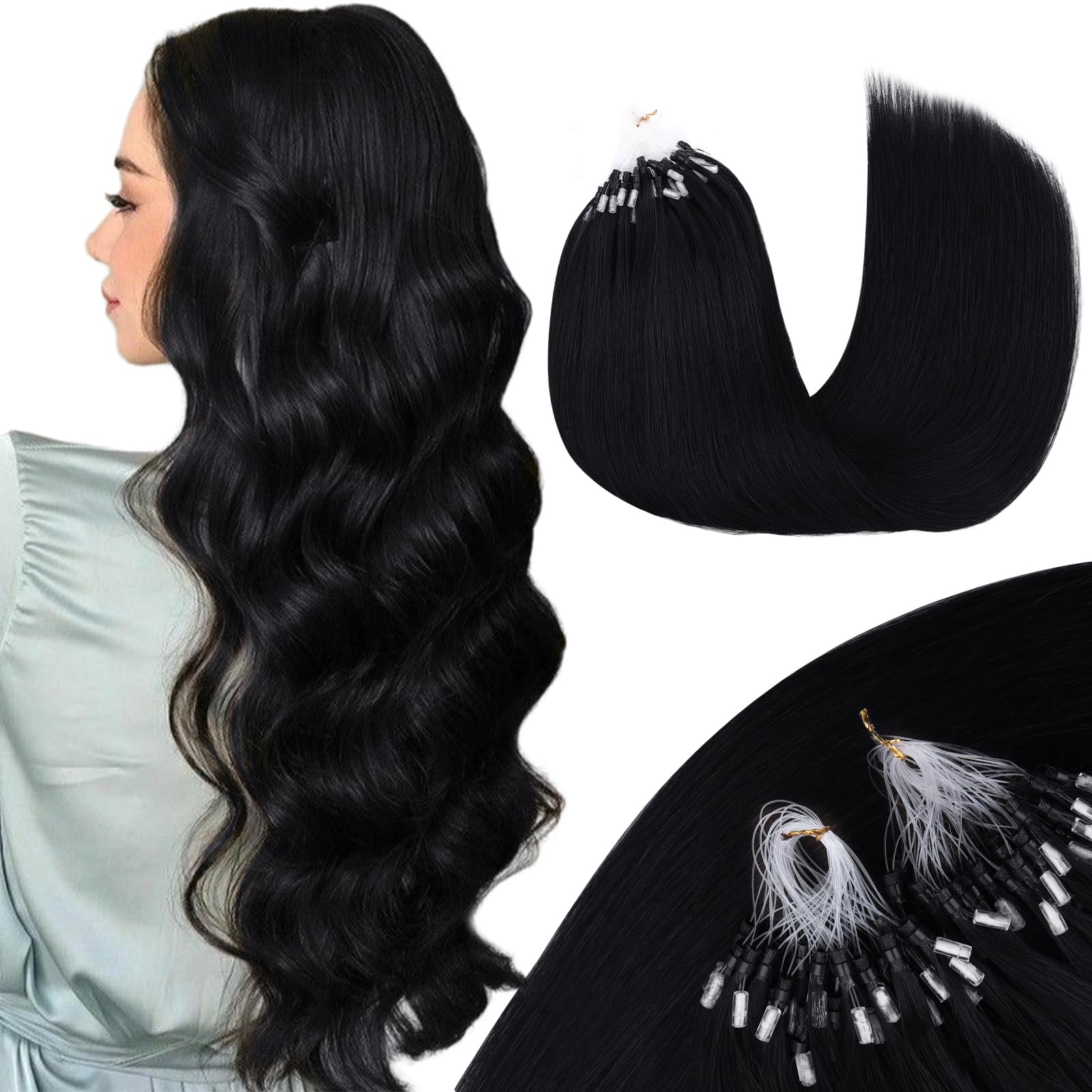 MAXITA Microlink Hair Extensions Human Hair, Jet Black Micro Bead Hair Extensions Real Human Hair, 50g/50 Strands/Pack, 16 In