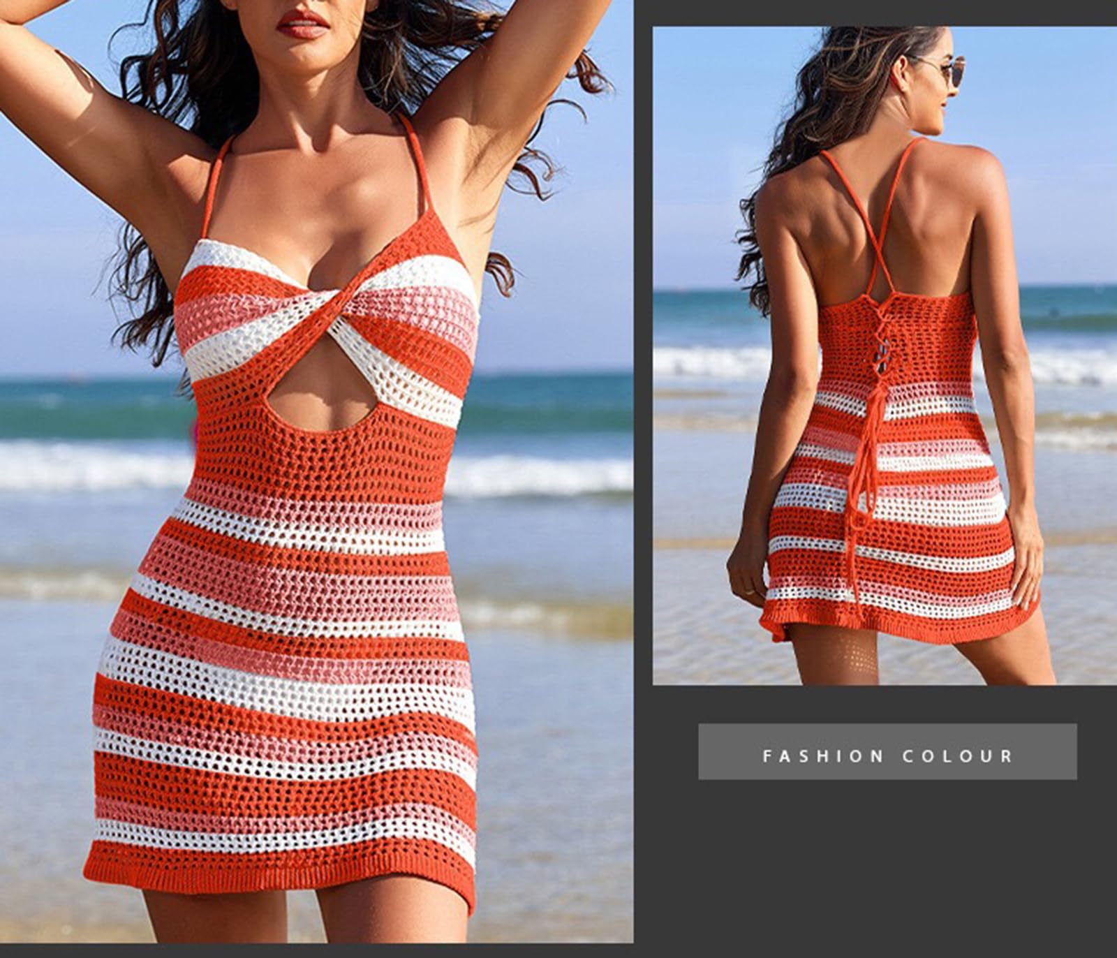 Costume da bagno all'uncinetto da donna Copricostume senza maniche a righe con lacci sul retro Mini abito da spiaggia