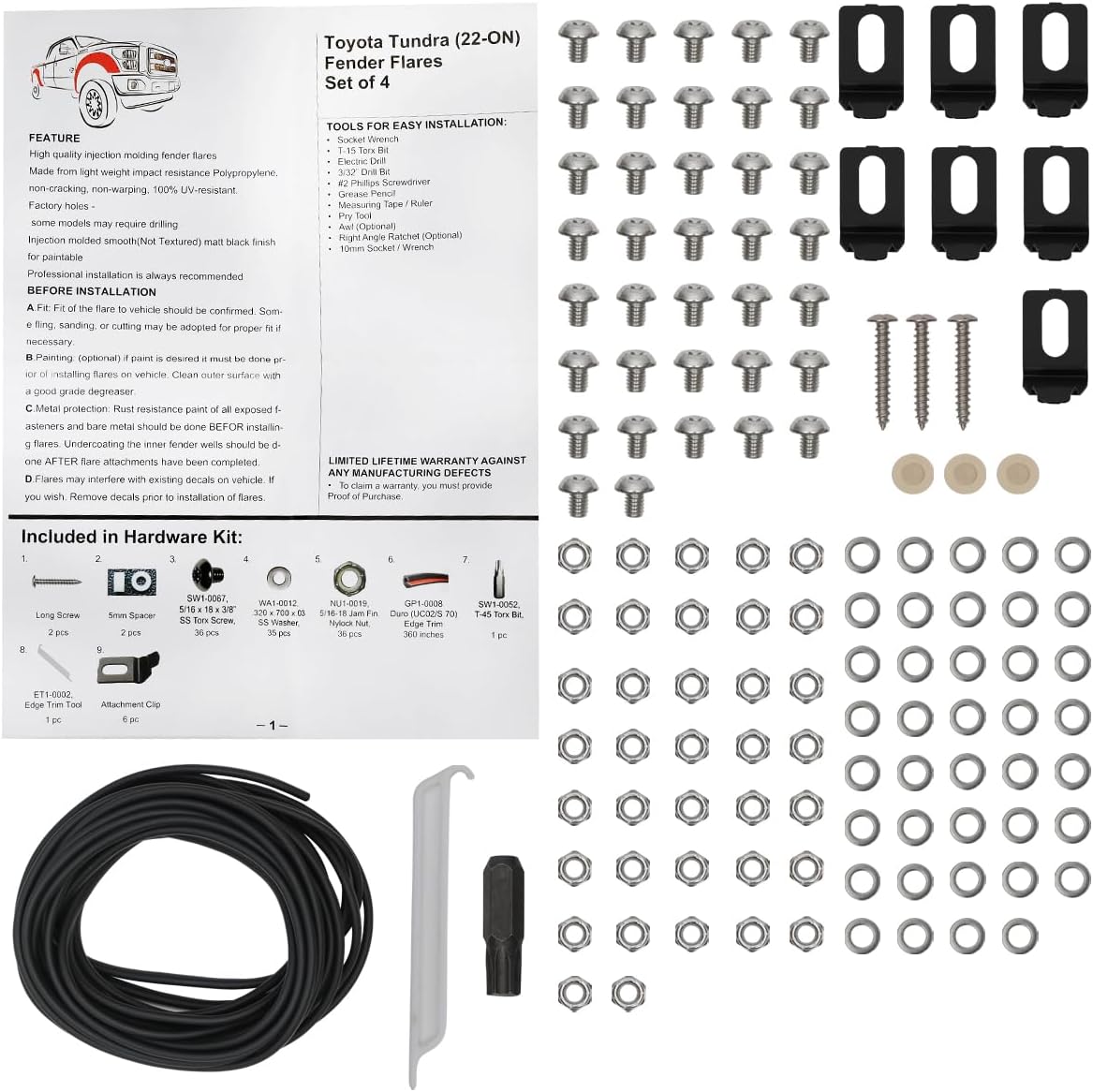 Spec-D Tuning 4PC Front + Rear Smooth Rivet Bolt On Pocket Style Fender Flares Compatible with 2022-2024 Toyota Tundra