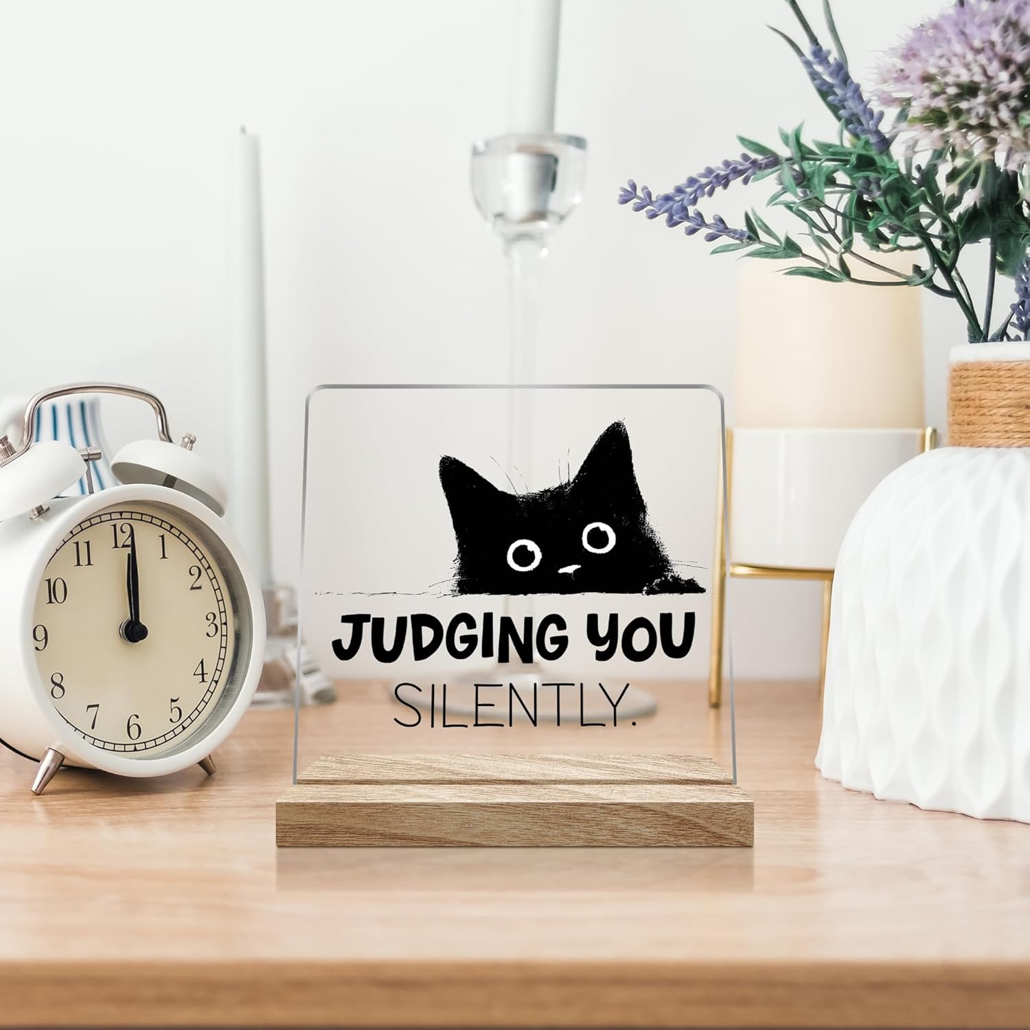 Funny Cat Office Desk Decor Gifts for Women, Black Cat Judging You Silently Desk Sign Decorations, 4x4 Inches - Image 5