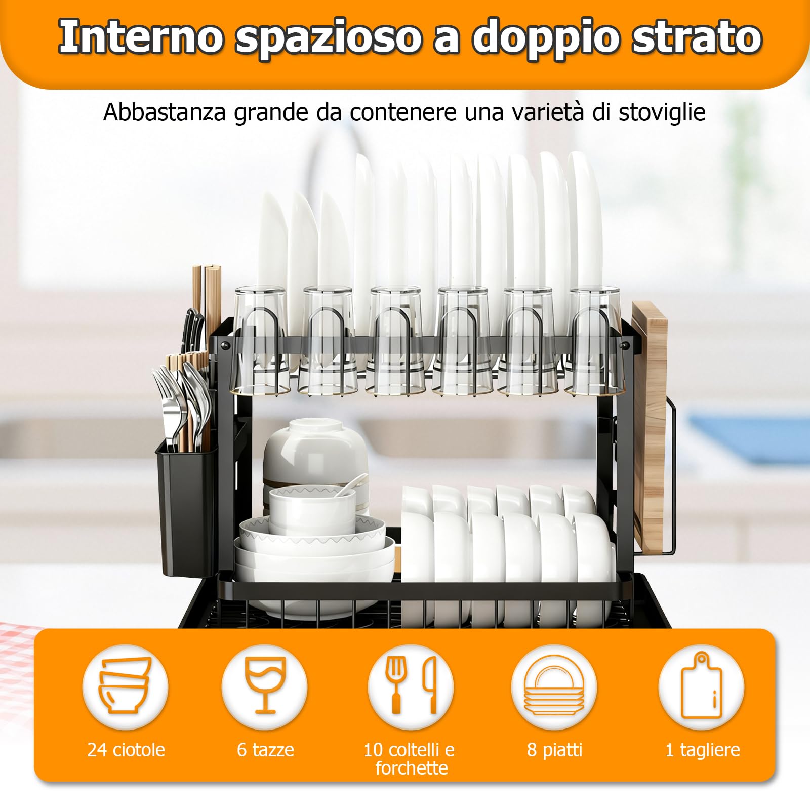 Scolapiatti da Appoggio a 2 Livelli, Scolapiatti per Piatti Nero, Scolapiatti da Lavello da Cucina in Acciaio Inossidabile con Vassoio di Drenaggio, Portabicchieri e Portautensili