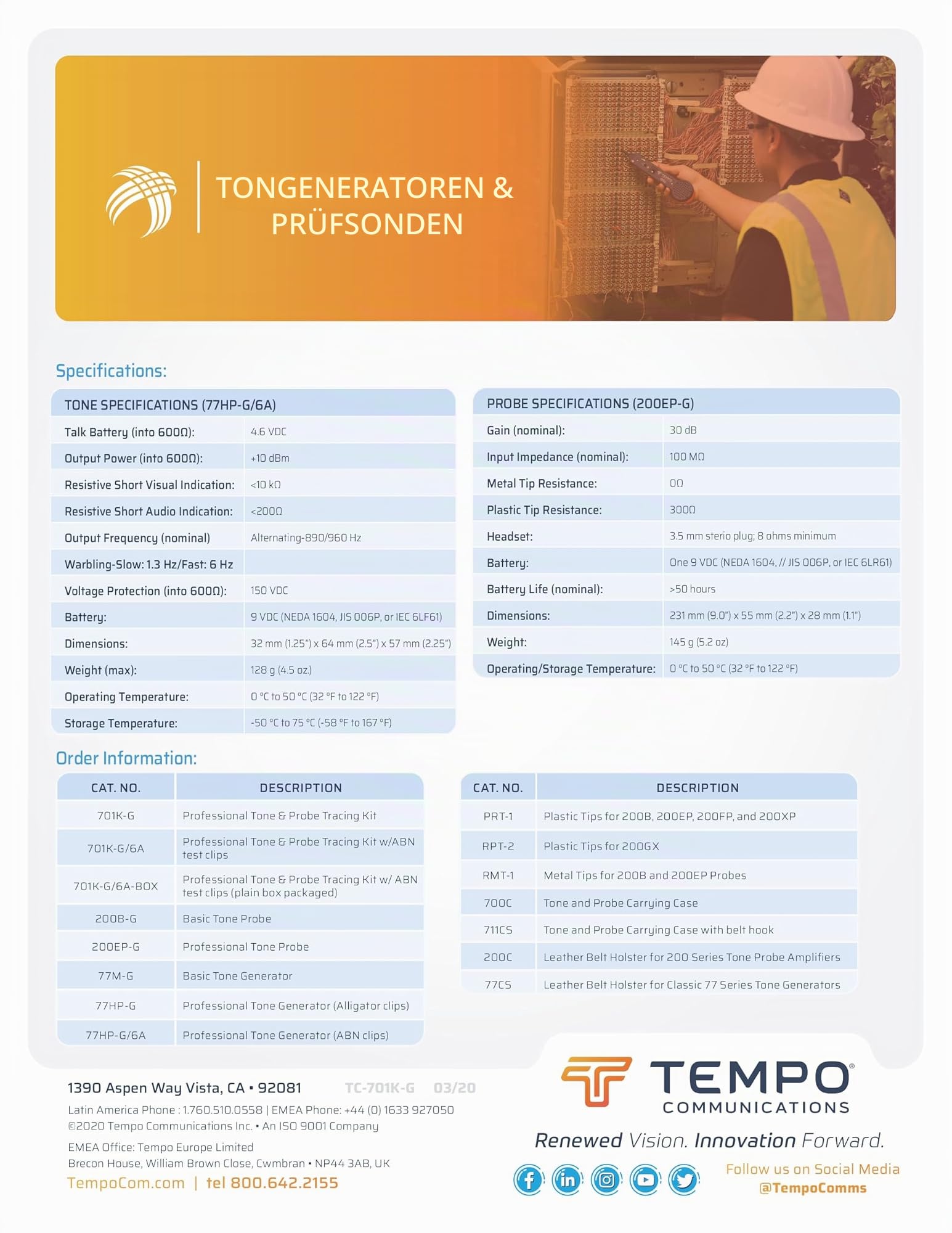 Tempo Communications 701K-G Tongenerator und Sonde Kit – Professionelles Kabeltester Draht-Tracking-Kit (neuestes Modell)