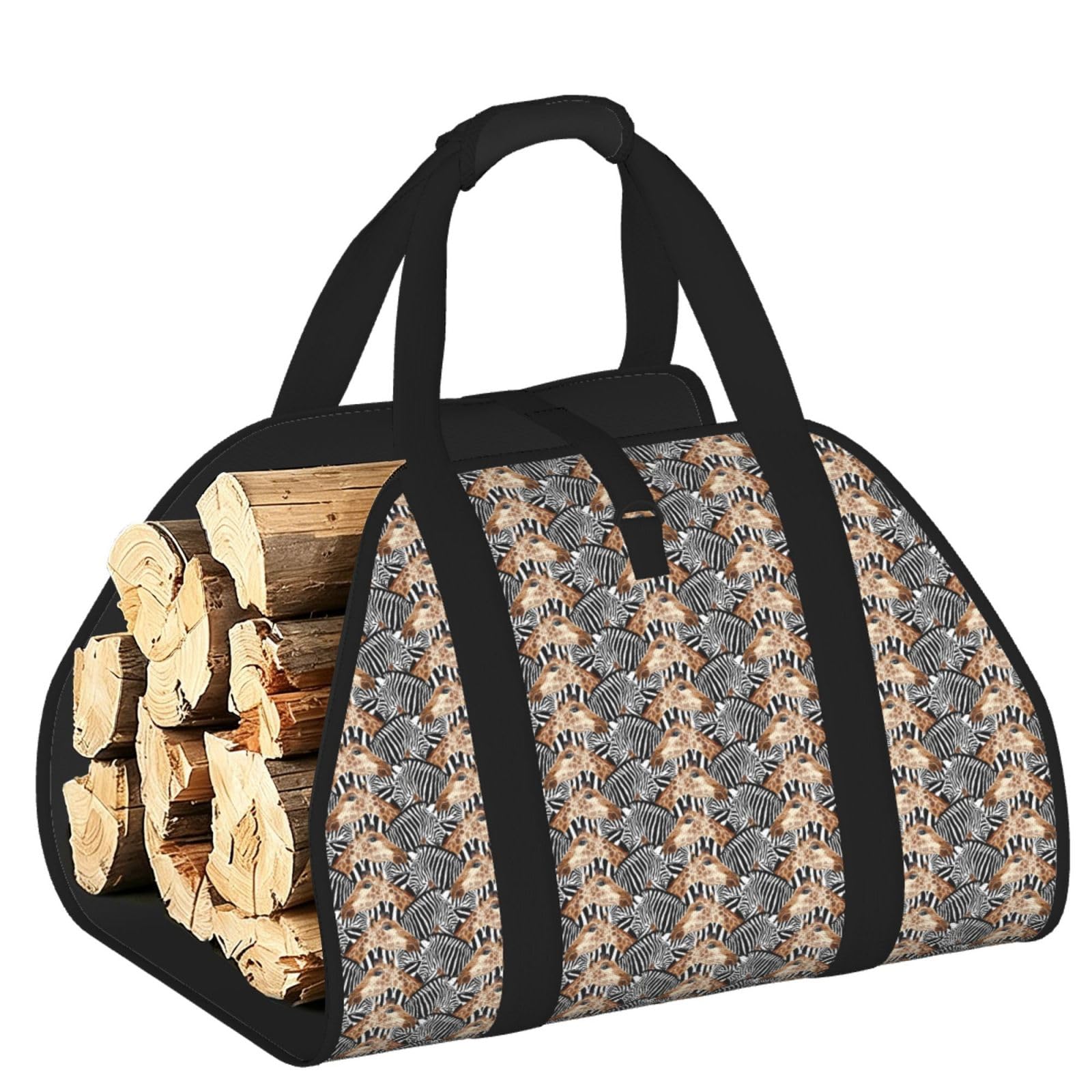 Ayyqwe Black Zebra And Giraffe Print Firewood Bag Wood Waterproof Versatile Camping Picnic Storage Daily Home