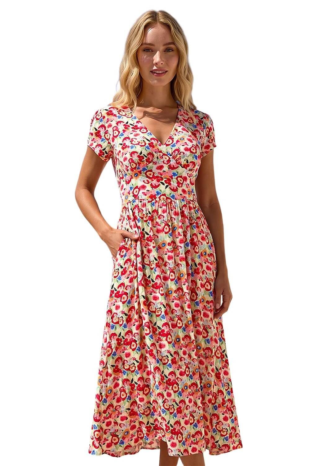 Roman Floral Print Tea Midi Dress for Women UK - Ladies Spring Everyday Summer Holiday V-Neckline Comfy Short Sleeve Soft Fit & Flare Frock Day Out Gowns - Floral Red - Size 18