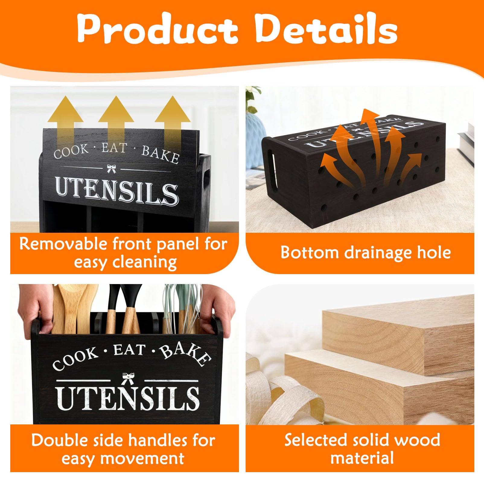 Portautensili da cucina con 3 Scomparti & Fori Drenaggio, Organizer Utensili Legno Porta Mestoli, Scatola Immagazzinaggio Stoviglie Organizzatore Posate per Tavoli, Piani Lavoro, Bacchette, Forchette