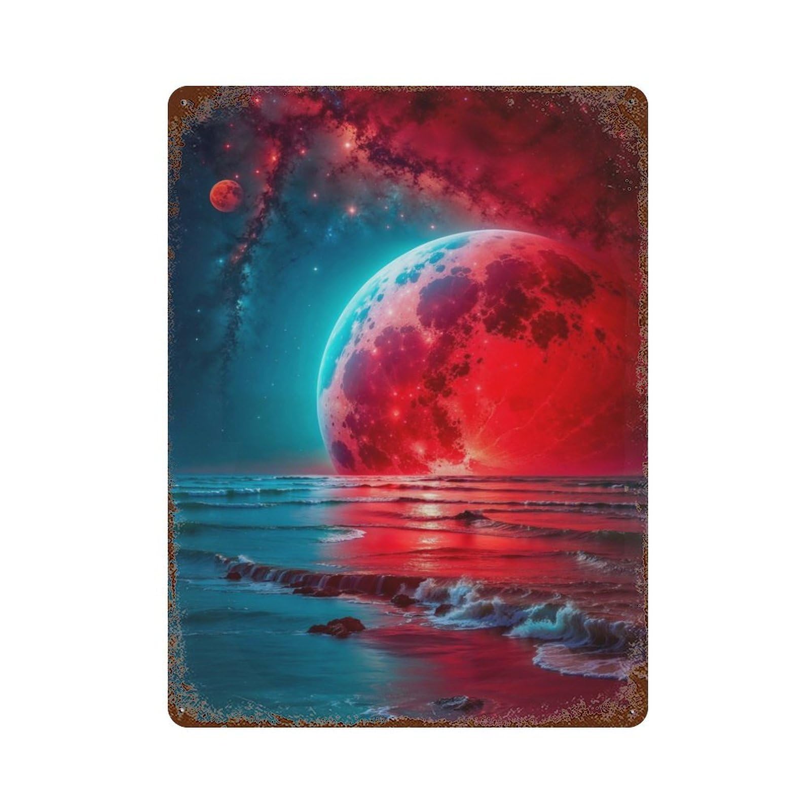 Red Moon And The Sea Rust Effect Tin Sign 15.7"x11.8", Farmhouse Wall Decor for Living Room, Hallway And Home Decor