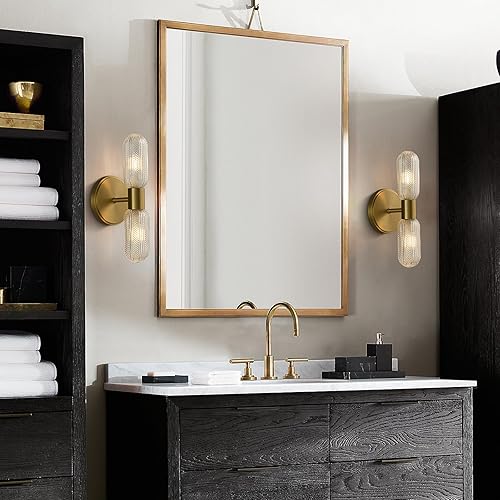 Miniatura 2 de Apliques de pared de latón cepillado de 12.3 pulgadas con vidrio moleteado, lámpara de pared de latón macizo dorado para tocador de baño, sala de