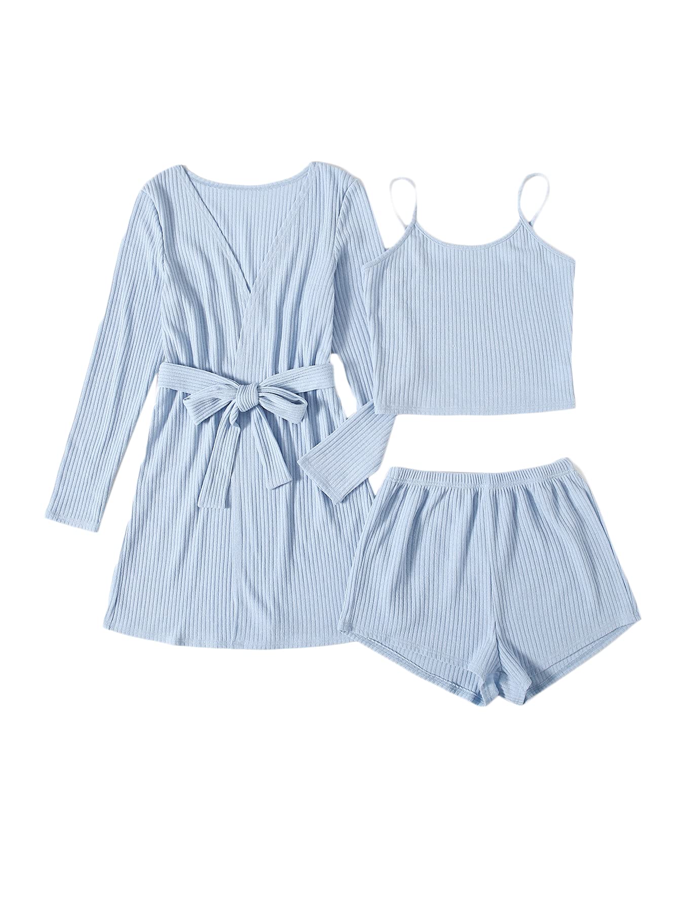 SOLY HUX Womens 3 Piece Lounge Set Pajama Sets Sleepwear Rib Knit Cami Tops and Shorts with Robe Cardigan