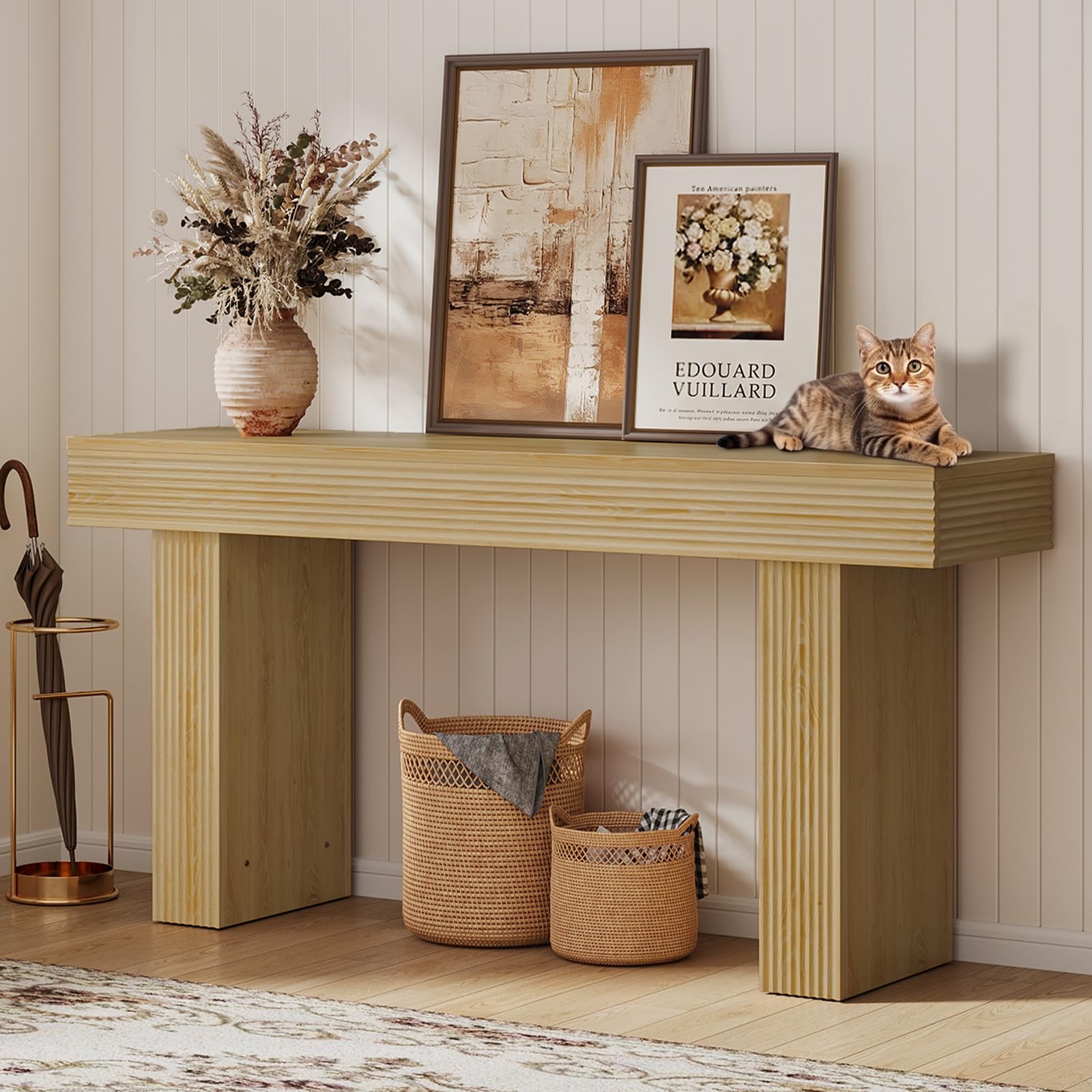 Bestier 160cm Fluted Wooden Farmhouse Console Table, Hallway Living Room, Natural Wood