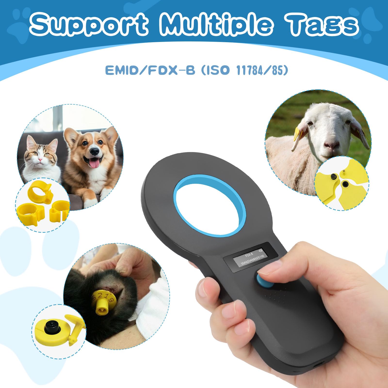 Pixelure Lettore Microchip Cani, Bluetooth OLED Lettore Microchip per Animali Domestici, RFID Lettore di Chip per Cani/Gatti 134,2 KHz/125 kHz, Memoria dati tag da 128 unità, ISO11784/85/HFDX-B/EMID
