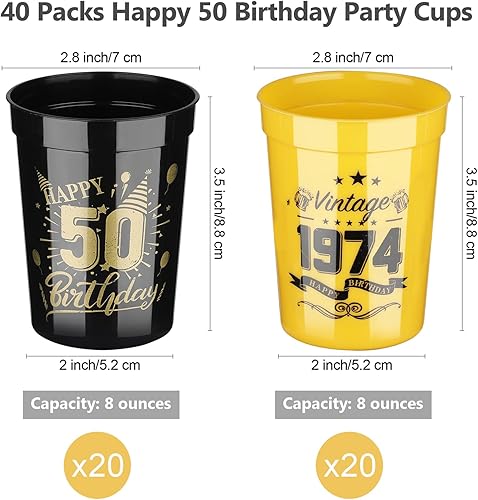 Miniatura 2 de Paquete de 40 vasos de plástico reutilizables de 8 onzas para fiesta de cumpleaños, color negro y dorado, 8 onzas, para cumpleaños, aniversario,