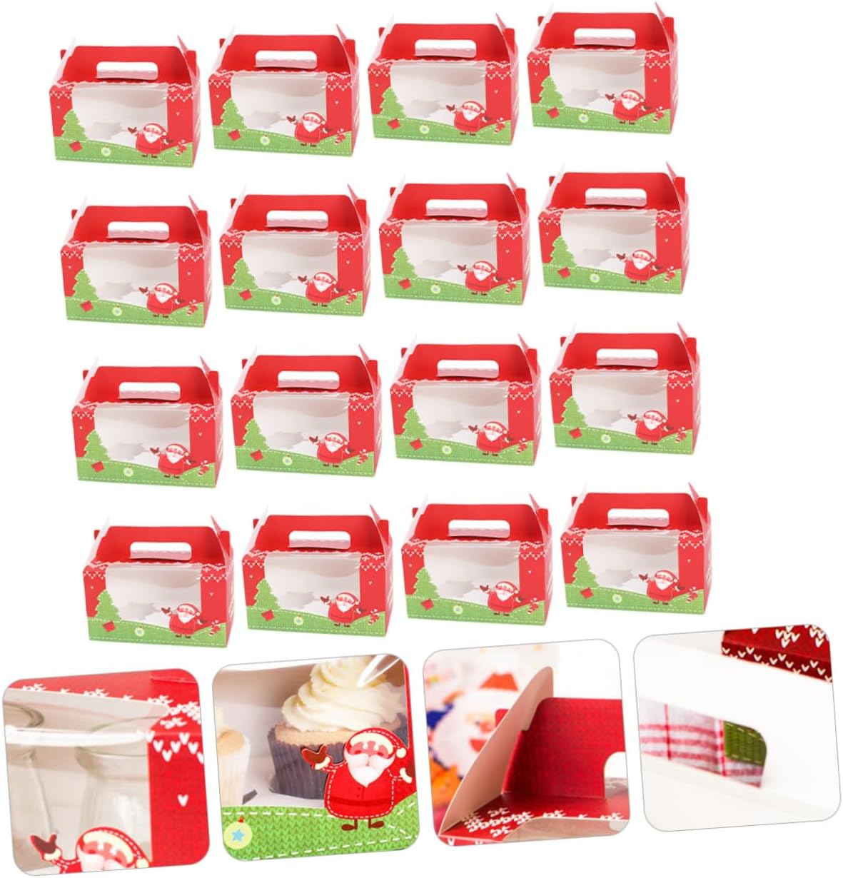 UPKOCH 20 Pcs Christmas Cupcake Boxes with Window and Two-hole Insert, Paper Bakery Cupcake Carriers with Handle for Holiday Treat Storage and Party Packaging