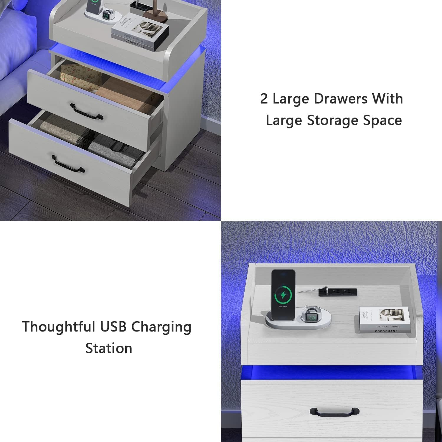Nightstand with Charging Station, Night Stand with LED Lights, Modern Led End Table Nightstand for Bedroom, Night Stand with 2 Drawers, Bed Side Table with Storage for Living Room (1, White-New)