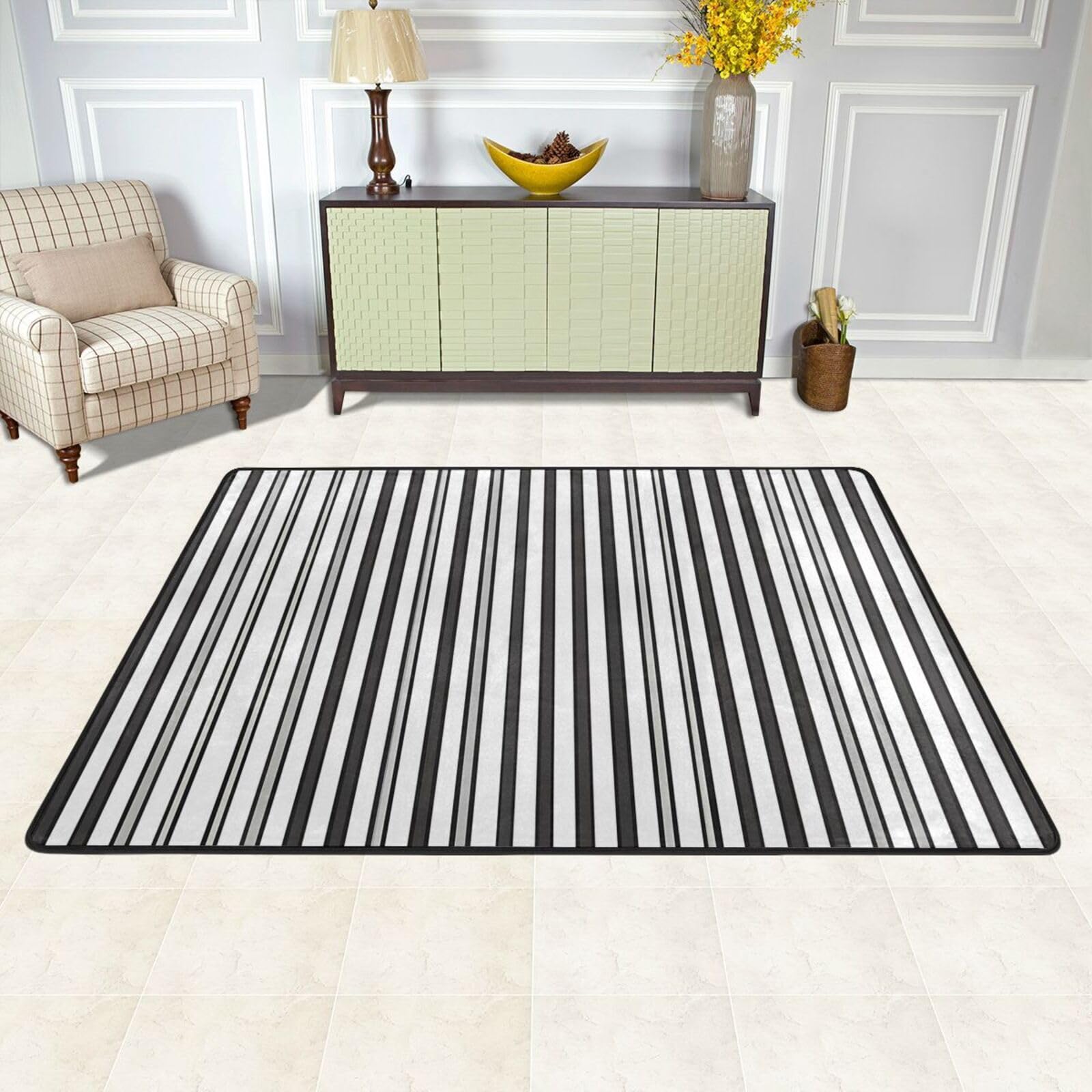 Premium-Teppich, schwarz-weiß gestreift, 91 x 61 cm, 183 x 121 cm, bedruckt, ultraweiches Flanell mit hochdichtem Memory-Schaum, für Wohnzimmer und Büro