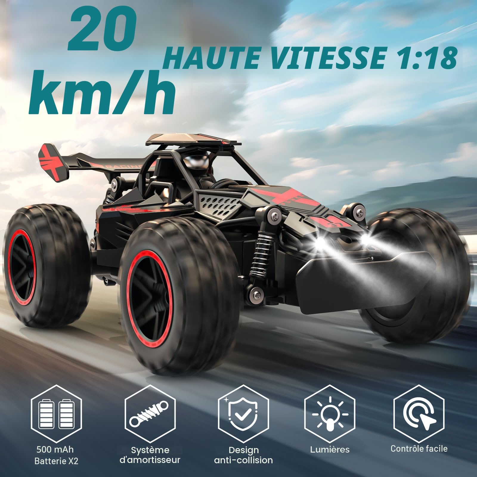 ACAMMZAR Voiture Télécommandée Tout Terrain, 1:18 20+KM/H Monster RC Truck avec Phare, Deux Batteries, Off-Road RC Voiture pour Enfants et Adultes, Rouge