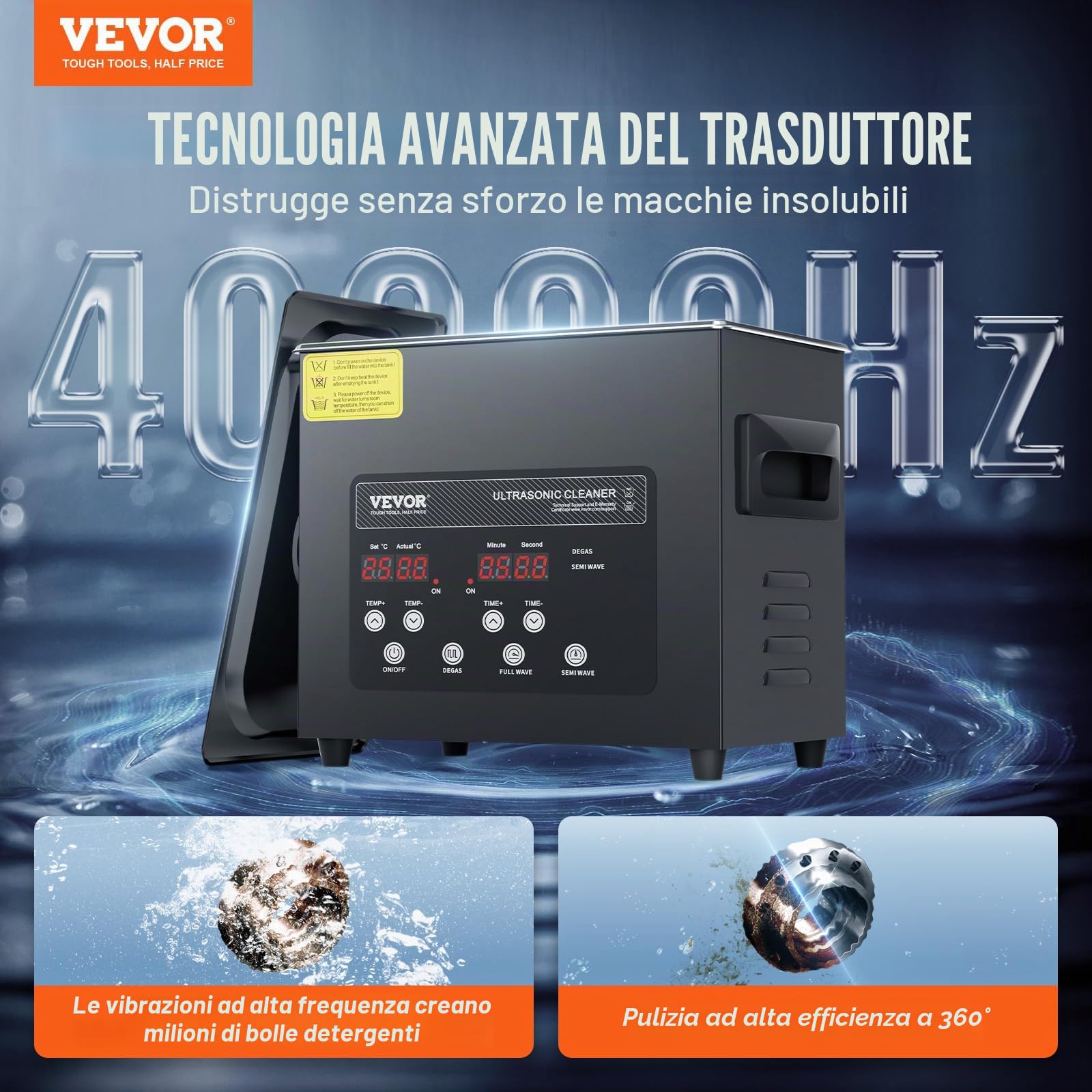 VEVOR Pulitore Digitale Ultrasuoni da 3 L 120 W, con Modalità Delicata Migliorato, Pulitore Ultrasuoni Industriale da 40 kHz con Riscaldatore e Timer per Contenitori, Gioielli 265 x 165 x 240 mm