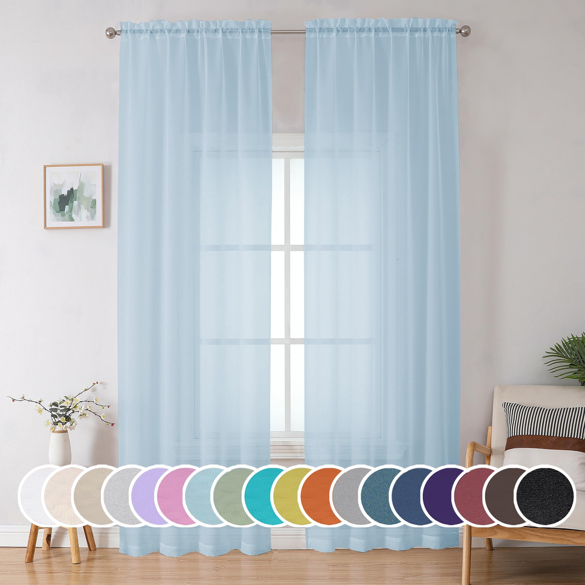 OWENIE Sheer Curtains 96 inches Long for Bedroom Living Room, Solid Light Filtering Fimly Sheer Curtains with Rod Pocket Top, Soft Sheer Long Curtains