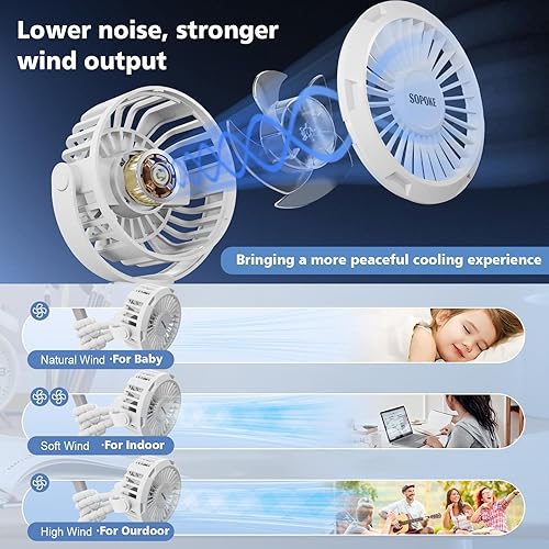 Miniatura 5 de Mini ventilador portátil para cochecito de bebé, ventilador de mano personal de 3 velocidades, ventilador de enfriamiento de trípode flexible de 360