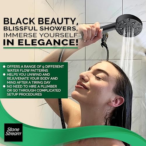 Miniatura 4 de Cabezal de ducha original StoneStream 9 modo de pulverización negro + manguera + adaptador + piedras, con gran presión de agua y un cabezal de ducha