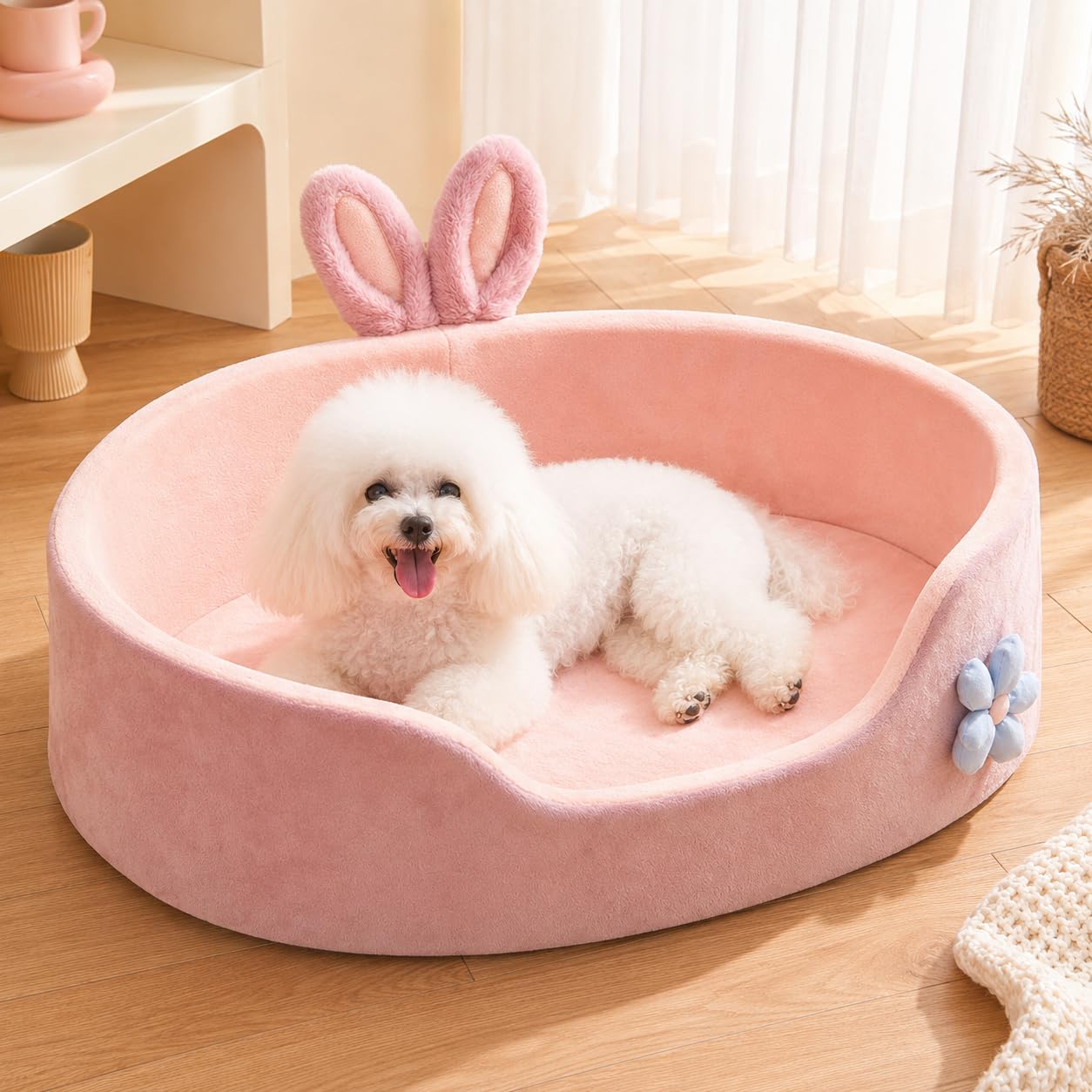 Linda Cama para Perros de Princesa, Cama Rosa para Mascotas, Cama para Dormir para Perros Desmontable Y Lavable, Cama Redonda con Orejas de Conejo para Perros Y Gatos,(M Suitable for 44.1‑110.2 Lb)