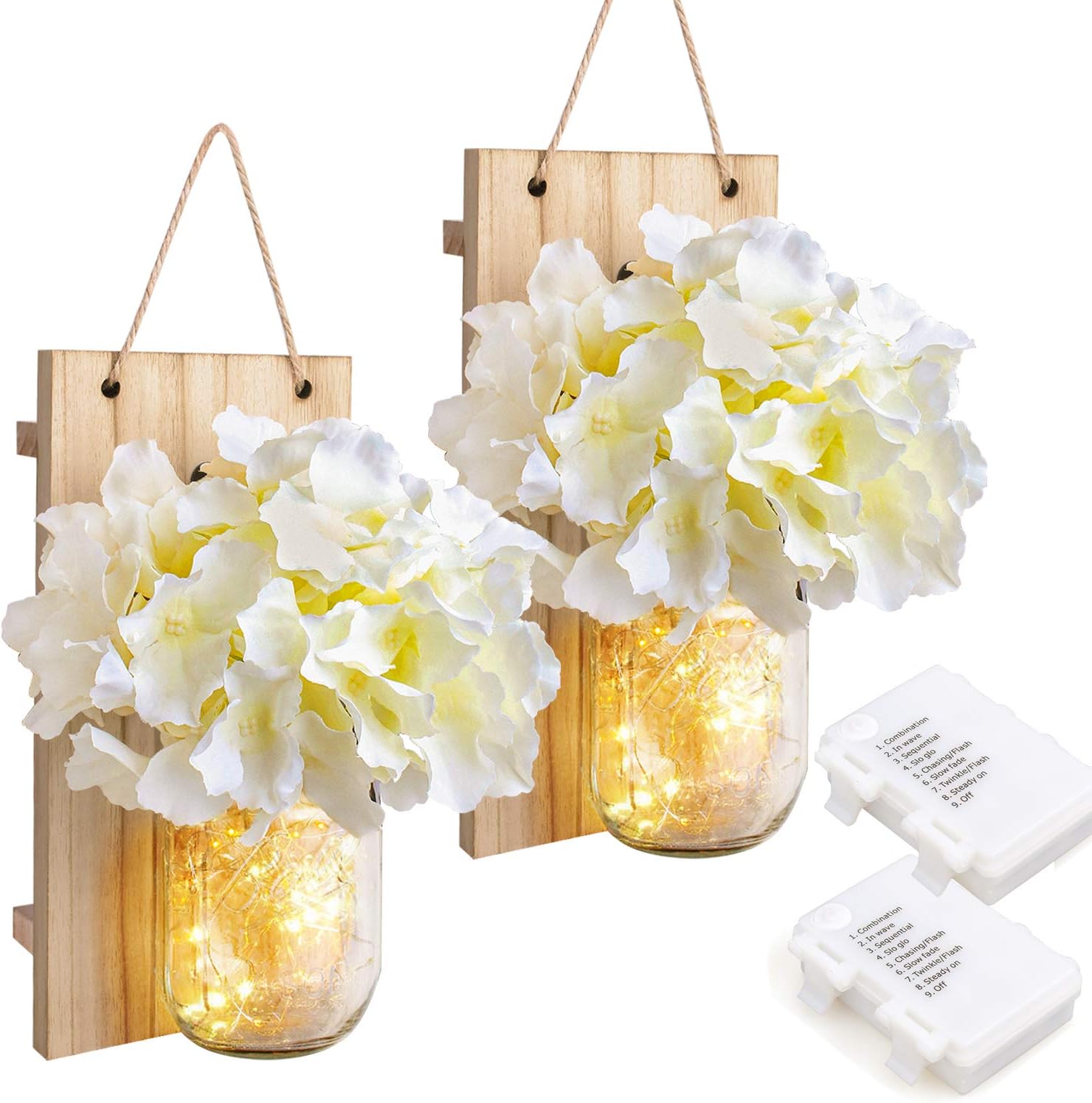 8 Modes Mason Jar Sconces LED - Fairy Lights,Vintage Wrought Iron Hooks, Silk Hydrangea Flower LED Strip Lights Design Home Kitchen Decoration Set of 2