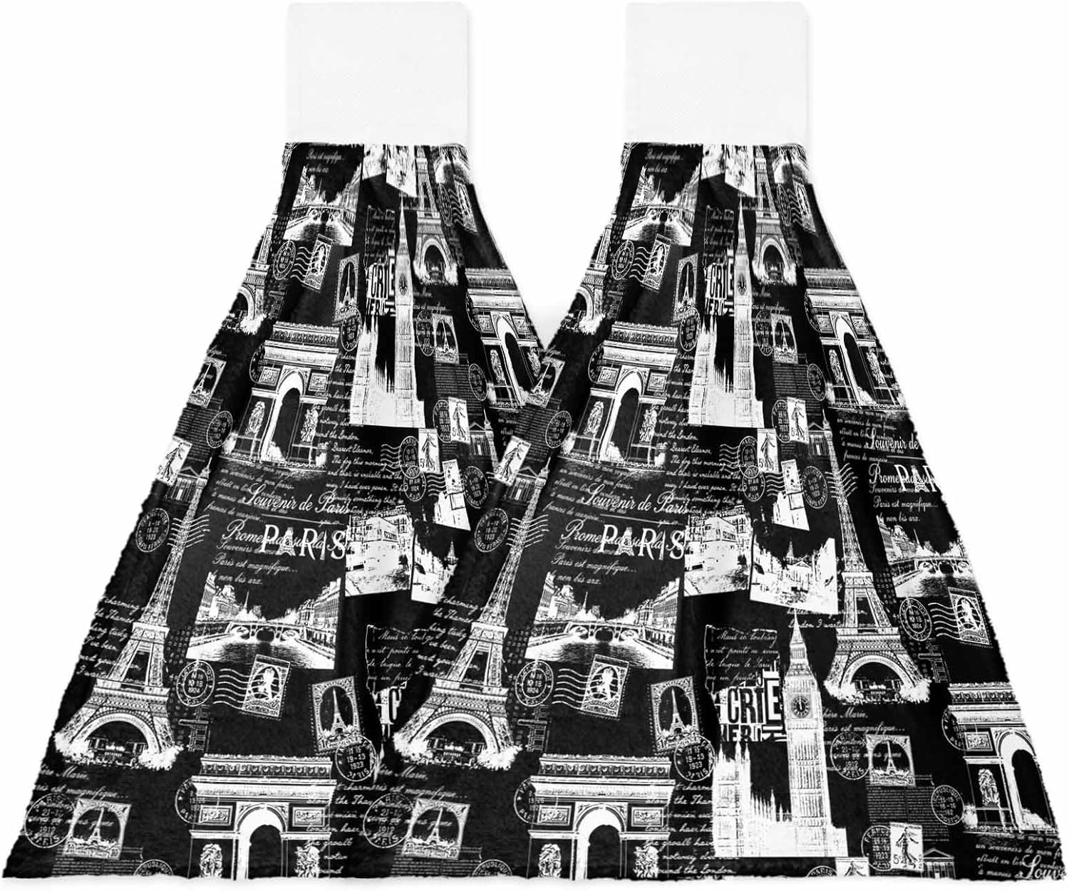 Eiffel Tower Kitchen Hand Towels with Hanging Loops Set of 2 Vintage France Romantic European Paris City Art Soft Thick Oven Fingertip Dry Microfiber Tie Dish Towel Absorbent Cleaning Washcloth