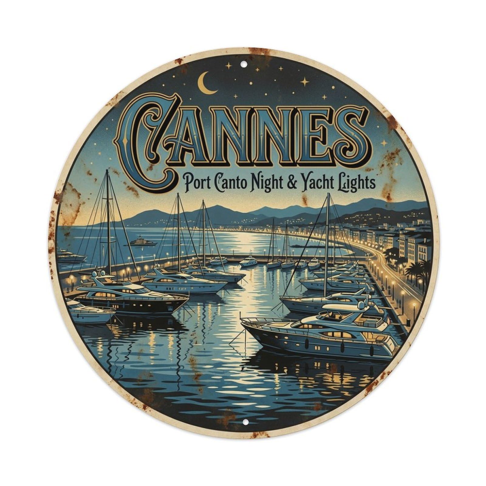 City Travel Old Town Marina Night Lights Cannes Riviera Metal Tin Sign