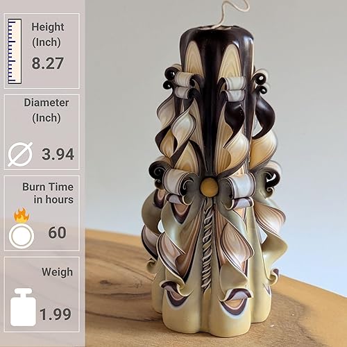 Miniatura 4 de Vela de pilar tallada a mano marrón beige de 8.27 pulgadas Vela decorativa hecha a mano para mesa de café, chimenea o sala de estar Regalo