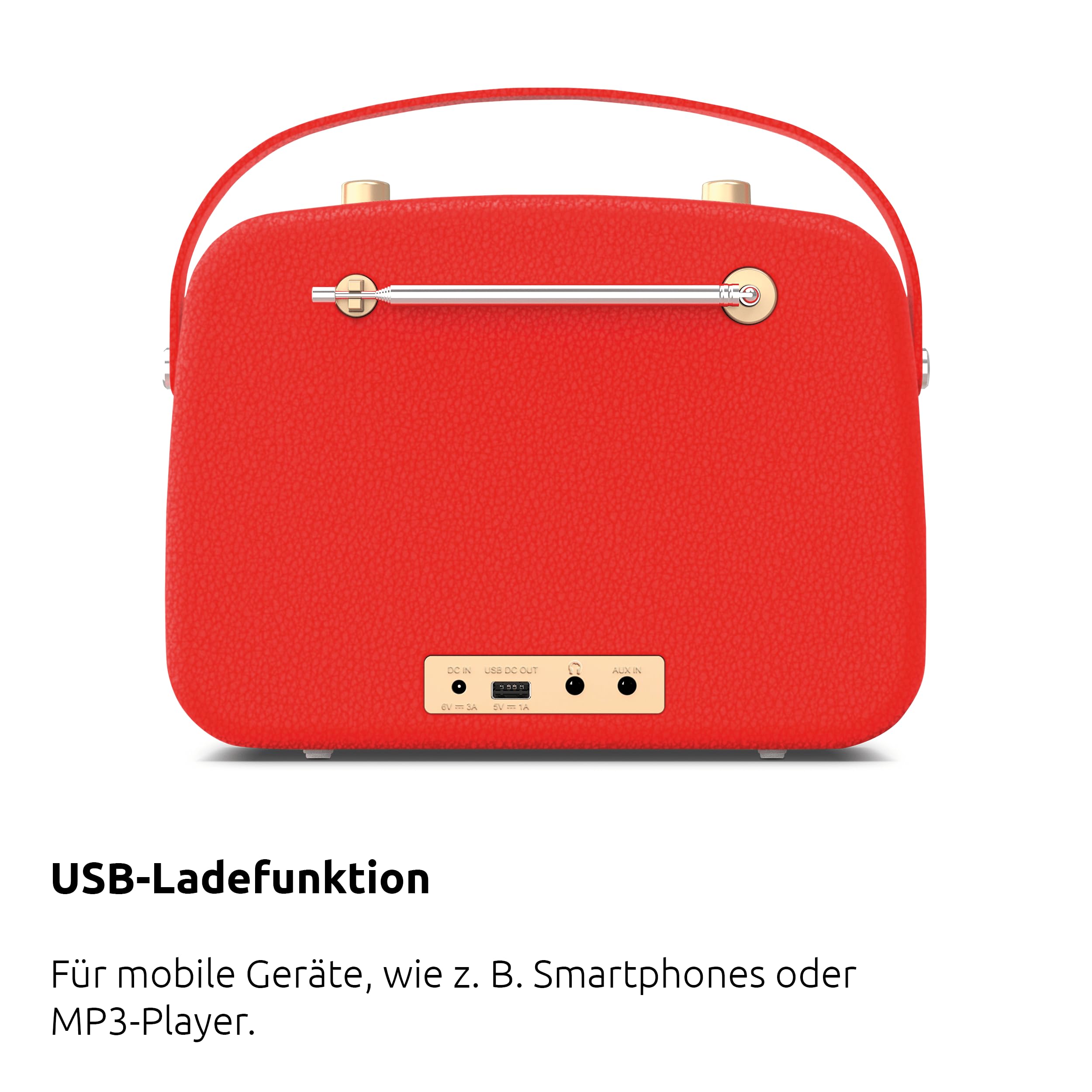 TechniSat Transita 130 - portables DAB+/UKW-Retroradio mit UKW Frequenzregler (Bluetooth-Audiostreaming, USB, Dot-Matrix LC-Display, Akku für bis zu 24 Stunden, Tragegriff, Kunstleder-Gehäuse) rot