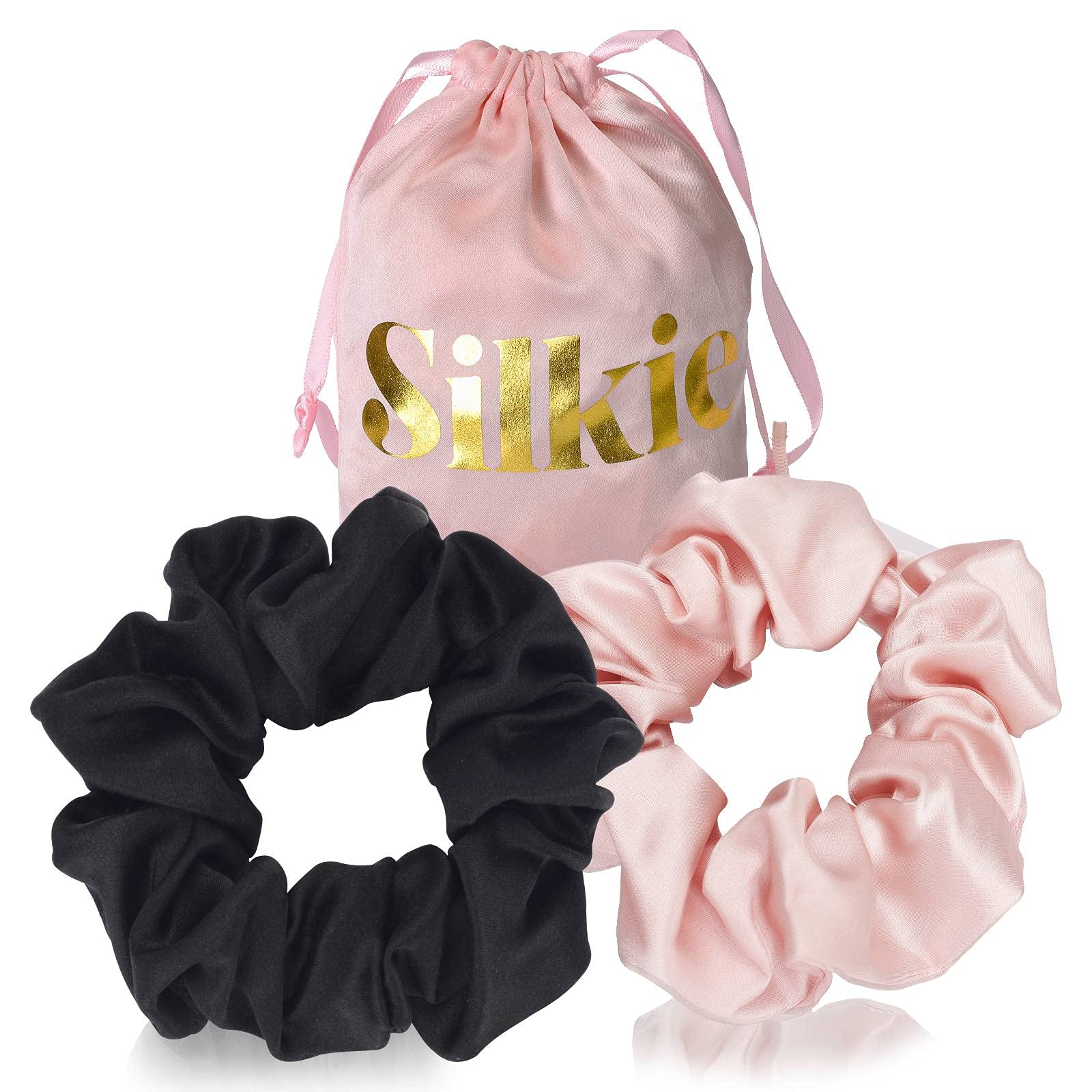 SilkieSet of 2 100% Pure Mulberry Silk Cream Coffee Black Large Oversized Scrunchies Silk Bag Hair Bands Rubber Bands Hair Care Premium Ponytail Holder No Damage (Classic)