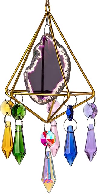 HDCRYSTALGIFTS Crystal Hanging Pendant Handmade Gold Plated with Natural Agate Slices Suncatcher,Window Hanging Suncatcher Crystal Rainbow Maker