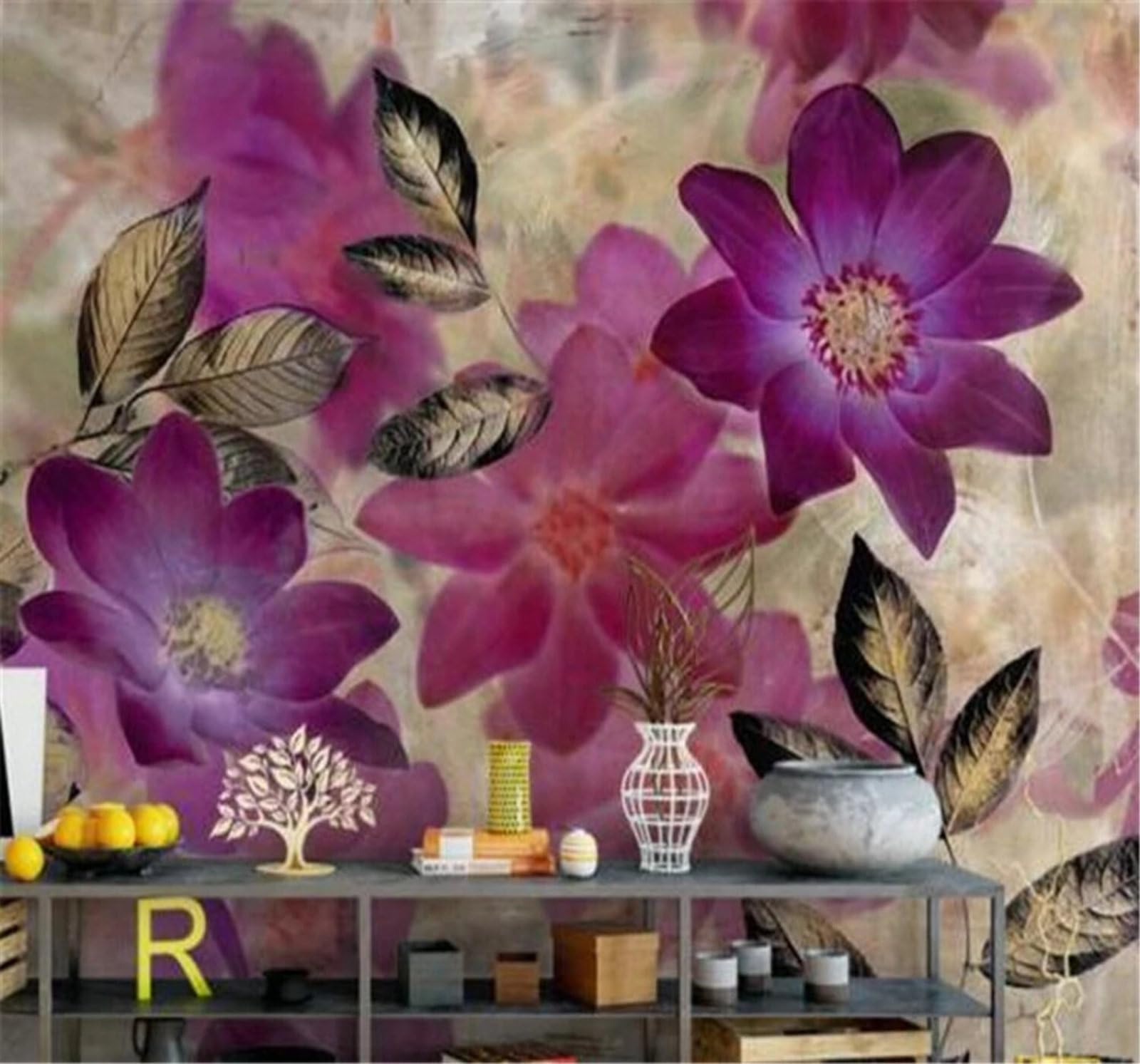 Xlming 300Cm×210Cm(B×H) Retro Nostalgic Hand Drawn Purple Flowers 3D Wallpaper Luxury Home Dining Decor Paste Sofa Living Room The Wall For Bedroom Mural-300Cm×210Cm