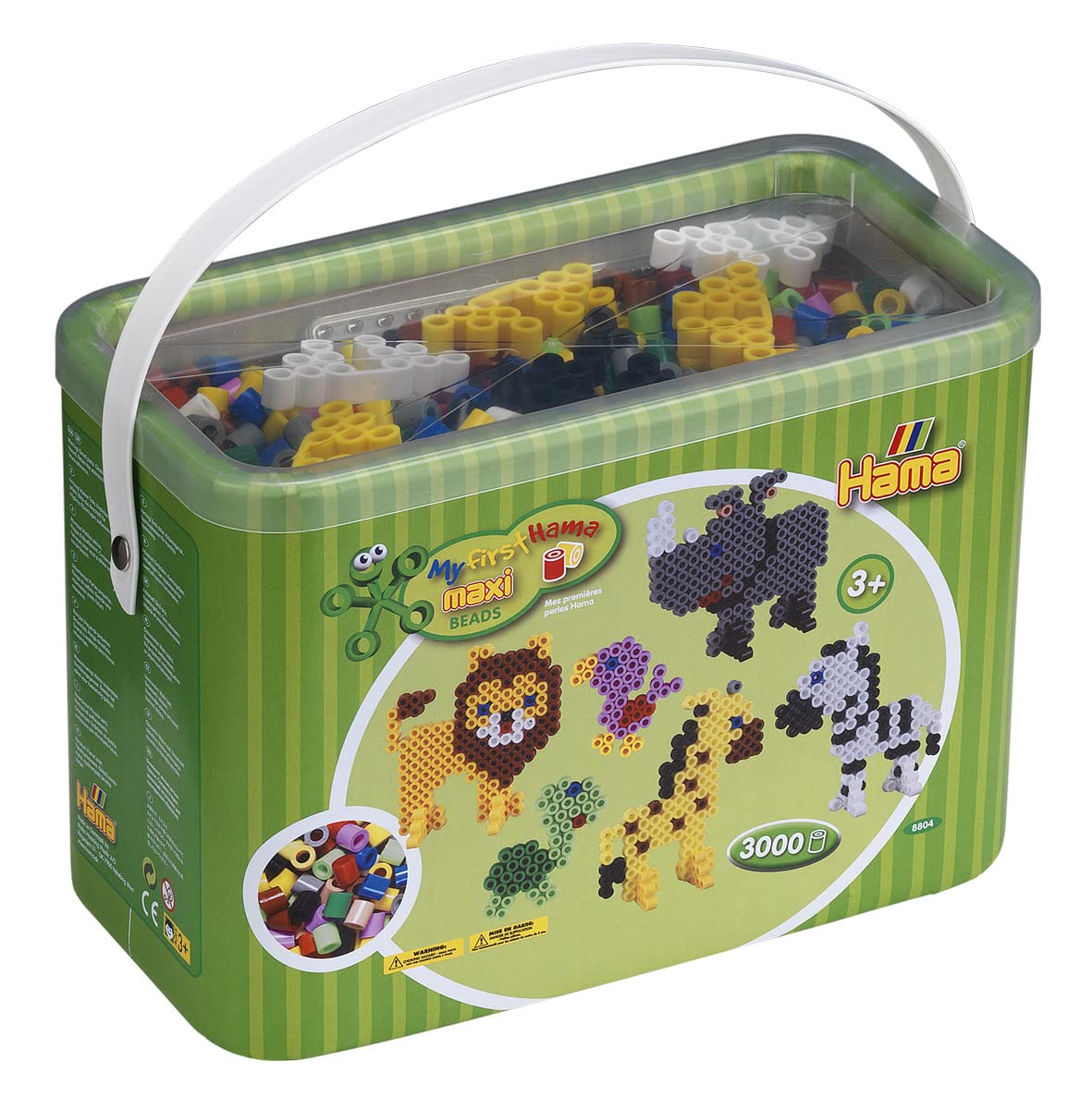 Hama Perlen 10.8804 Maxi, ca. 3000 Stück im Eimer, inklusive Stiftplatten Quadrat, Kreis und Stern sowie Zubehör