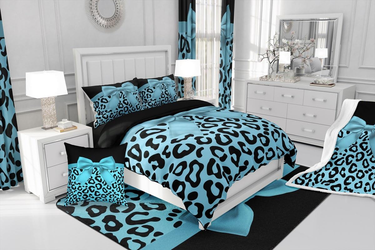 Castle Fairy Leopard Print Bow Duvet Cover Set Toddler Size,Chic Modern Bowknot Bedding Set,Blue Cheetah Wild Animal Quilt Cover for Kids,Comforter Cover(No Filler),2 Pcs