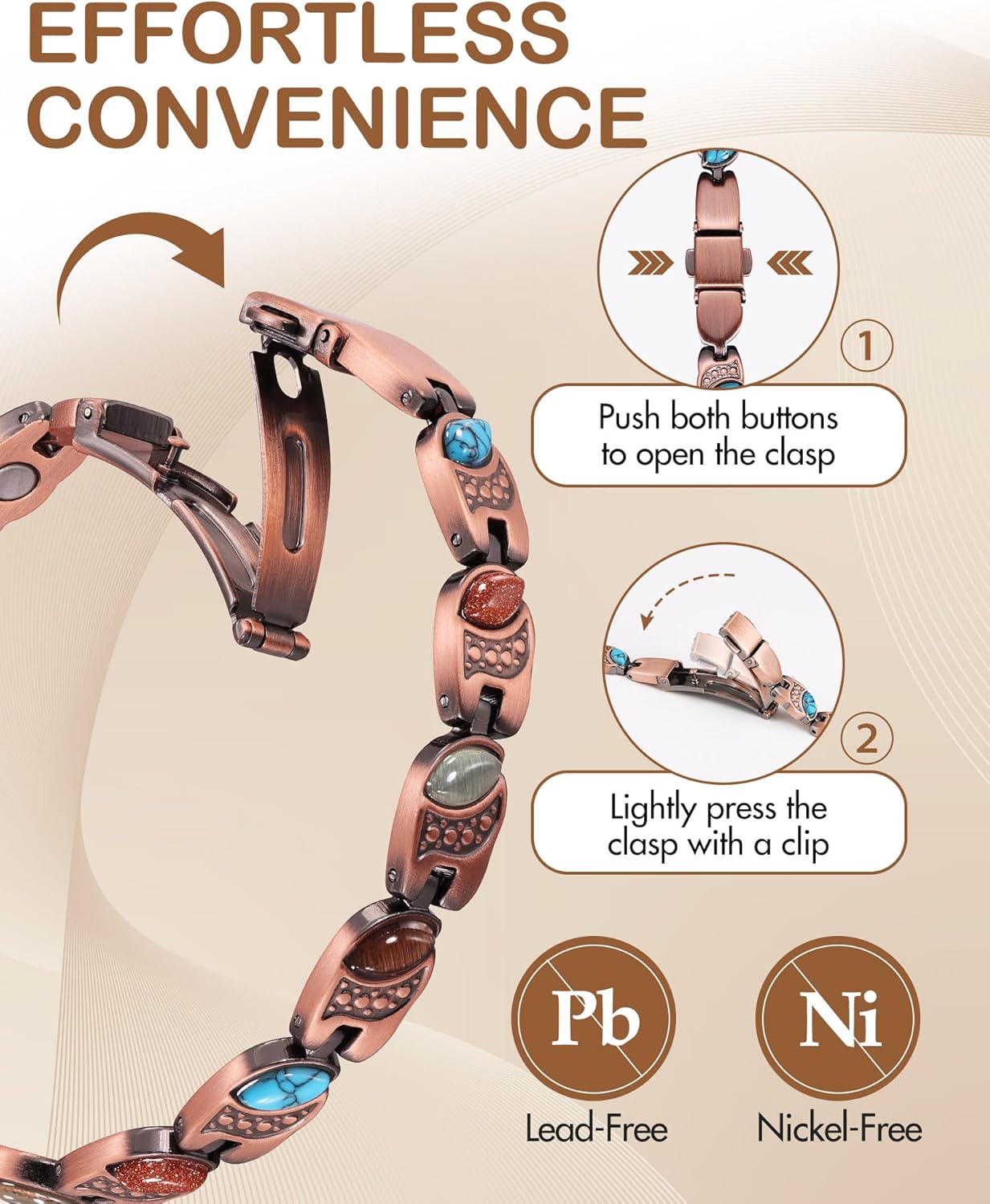 Feraco Pure Copper Bracelets for Women, Ultra Strength Magnetic Bracelet with 3800 Gauss Magnets & Natural Turquoise & Stones, Adjustable, Jewelry Gift - Image 6