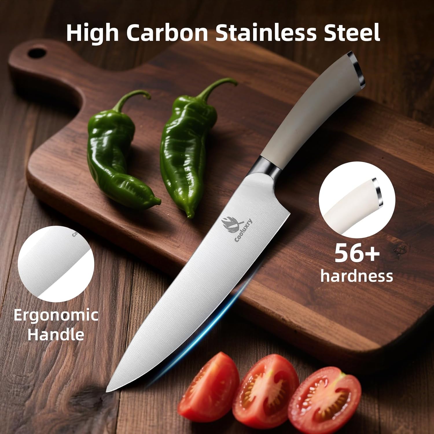 Professional White Chef Knife - 8 Inch High Carbon Stainless Steel Kitchen Knife with Ergonomic White Handle for Precise Cutting - Image 6
