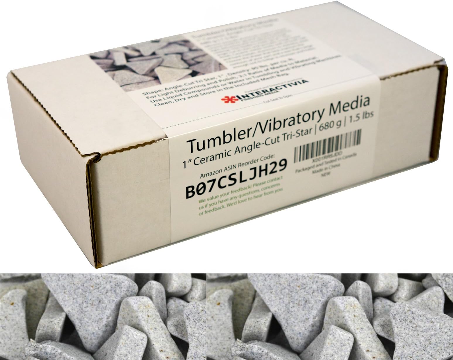 INTERACTIVIA1.5 lbs/680 g | 1" Ceramic Angle-Cut Tri Star Tumbling/Vibratory Media | Includes (Clean, Dry and Store) Mesh Bag | for use in Vibrating Tumbler Or Rotating Tumblers