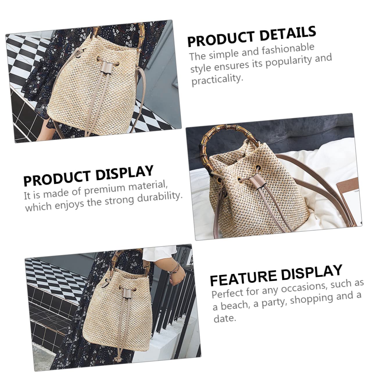 Garneck 1pezzi Borsa Tracolla in Paglia Borsa Secchiello Coulisse Tracolla Forma Di Secchiello Intrecciata Capiente e Pratica Per Viaggi e Uso Quotidiano