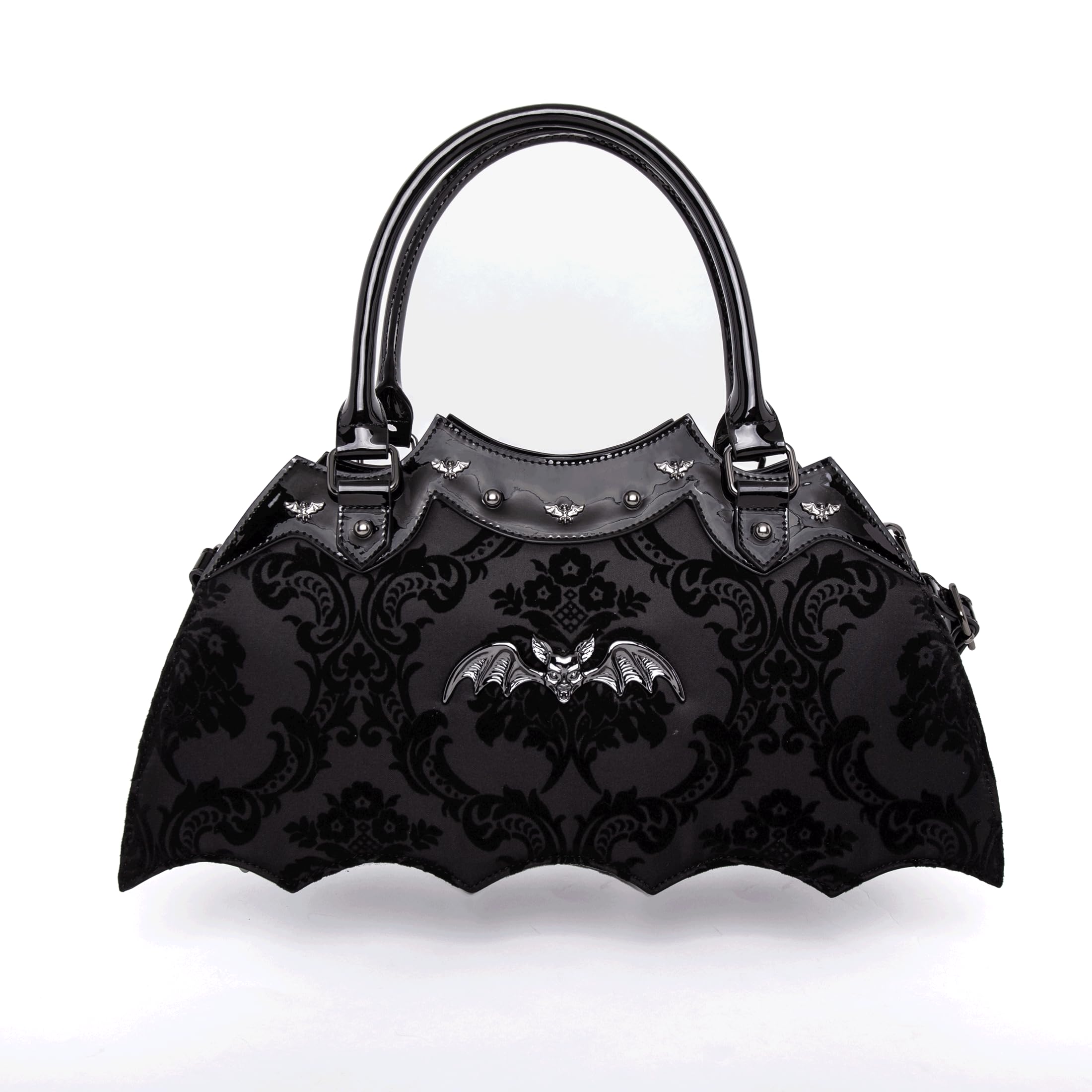 Bat Shaped Handbag with Damask Print and Metal Embellishments on Bag - Includes Shoulder Strap