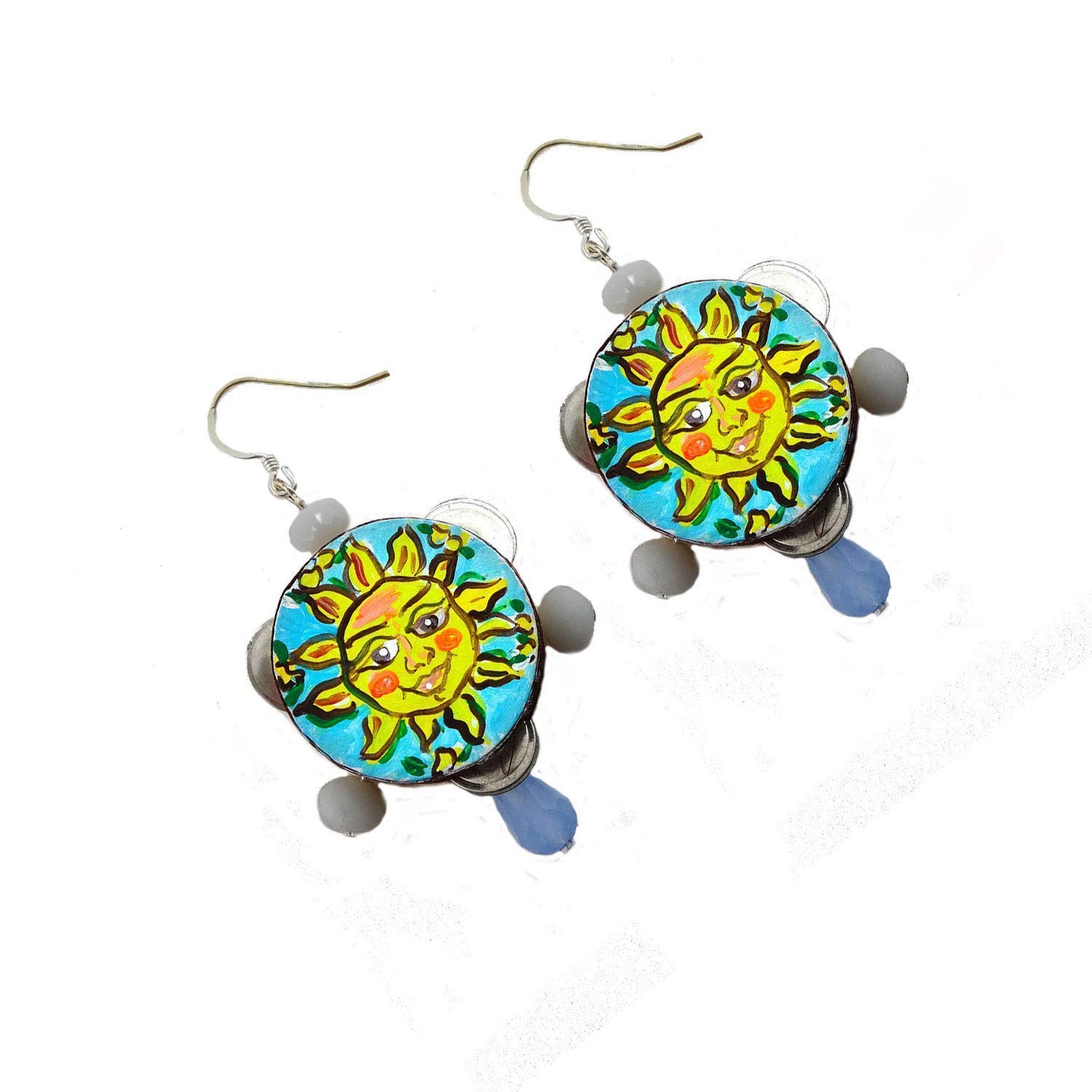 Boucles d’oreilles peintes à la main – TAMBOURINS SOLEIL DE SICILE - boucles d’oreilles pour femme, bijoux peints à la main, crochet en argent, Made in Italy, bijoux décorés, fabrication artisanale