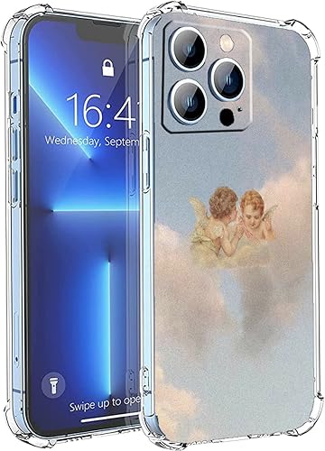 Nsyosio Funda con diseño de lindo ángel para iPhone 13 Pro Max, funda estética de ángel rosa con nubes de bebé para hombres, mujeres y niñas, diseño