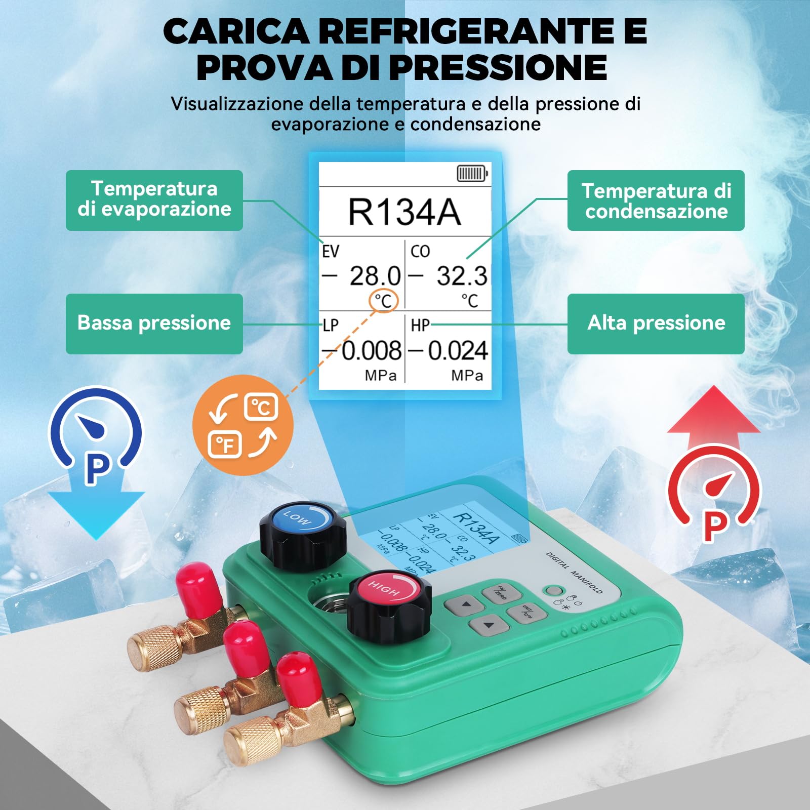 KAISAL Digitale Manometro Condizionatori Display LCD Kit Ricarica Aria Condizionata Auto Adatto alla carica di 92 refrigeranti Manifold Gauge Kit per R134A R410A R32 Refrigerante