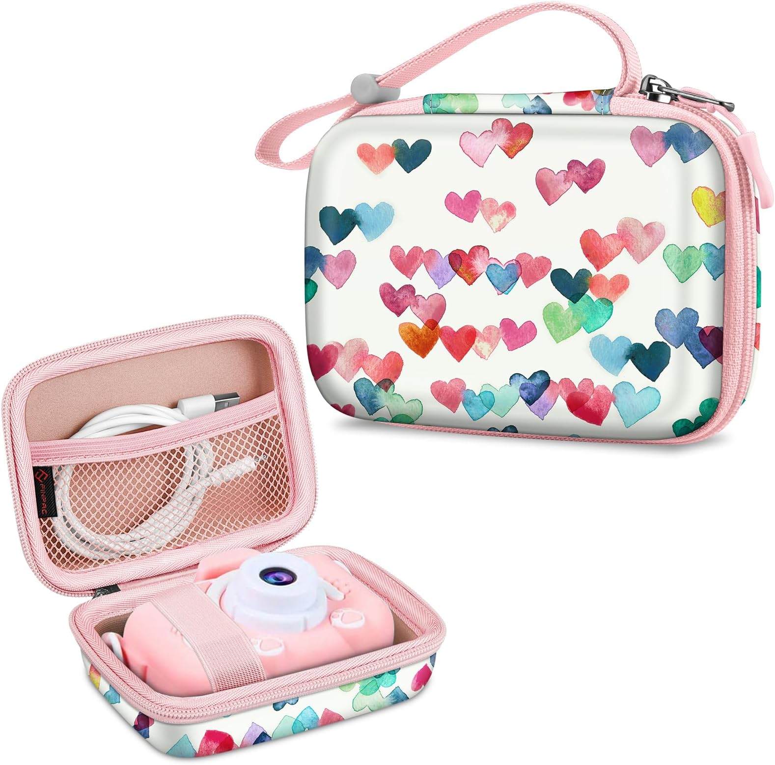 FINTIE Kids Camera Case Compatible with Goopow/Seckton/Dylanto/Mgaolo/Masterbee/CIMELR/Desuccus Kids Digital Camera Toys, Children Carrying Bag, Birthday Festival Gift, Raining Hearts