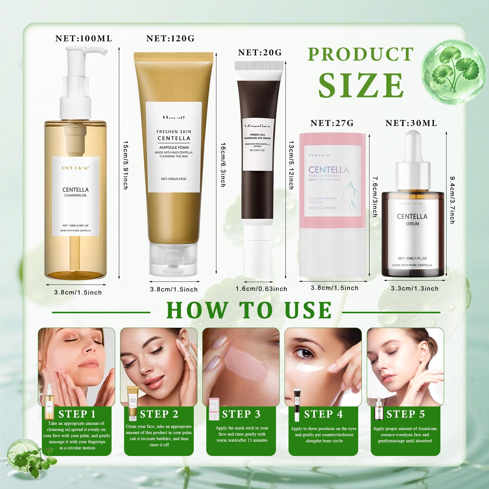 5Pcs Centella Skincare Kit,Centella Cleansing Oil+Centella Nettoyant Visage | Centella Serum + Centella Stick Mask + Creme Yeux, Nettoie, Nourrit et Hydrate la Peau,Combat Efficacement les Rides