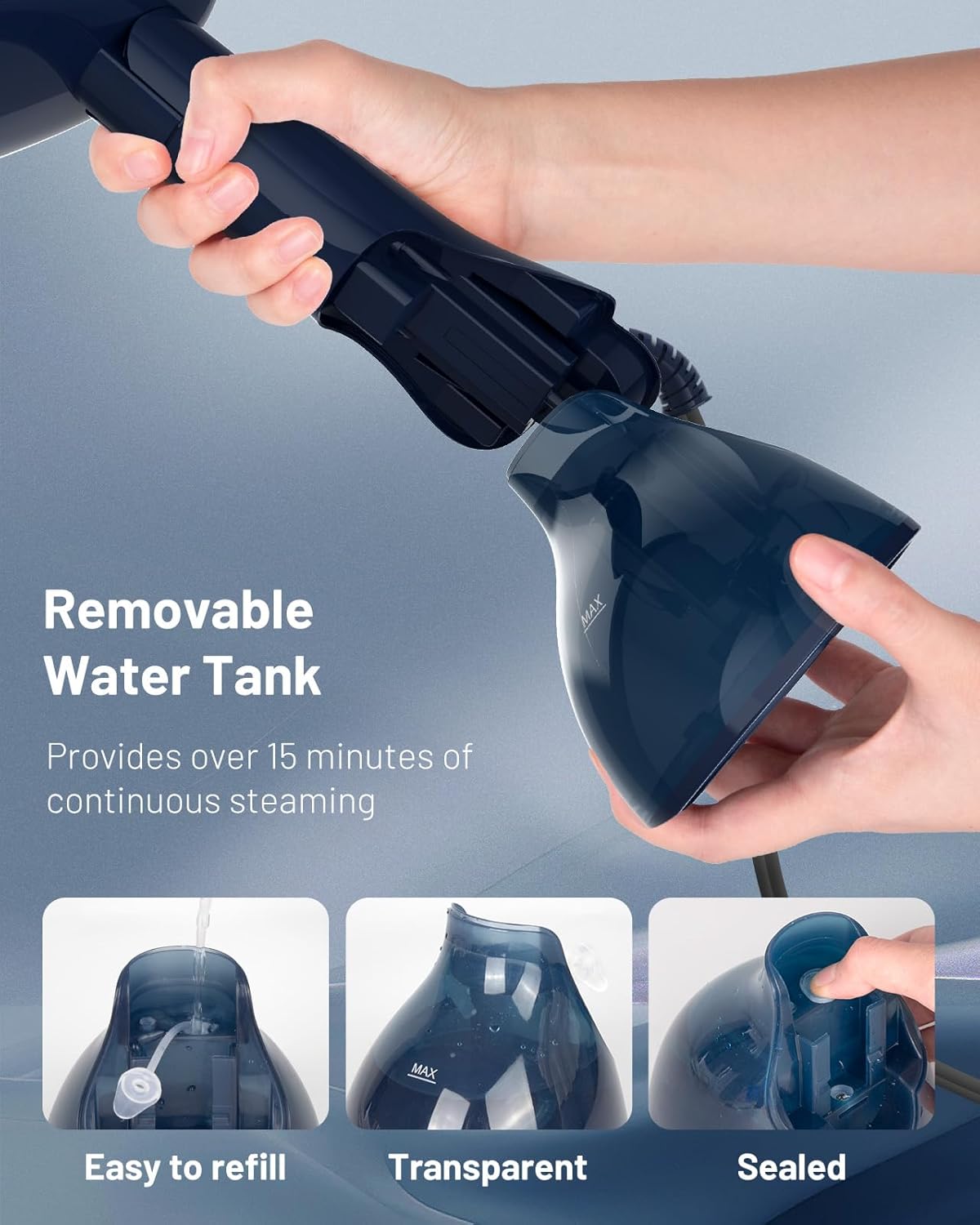 BEAUTURAL Steamer for Clothes, Portable Handheld Garment Fabric Wrinkles Remover, Aluminun Heating Plate, 35-Second Fast Heat-up, Large Detachable Water Tank (Only for 120V)