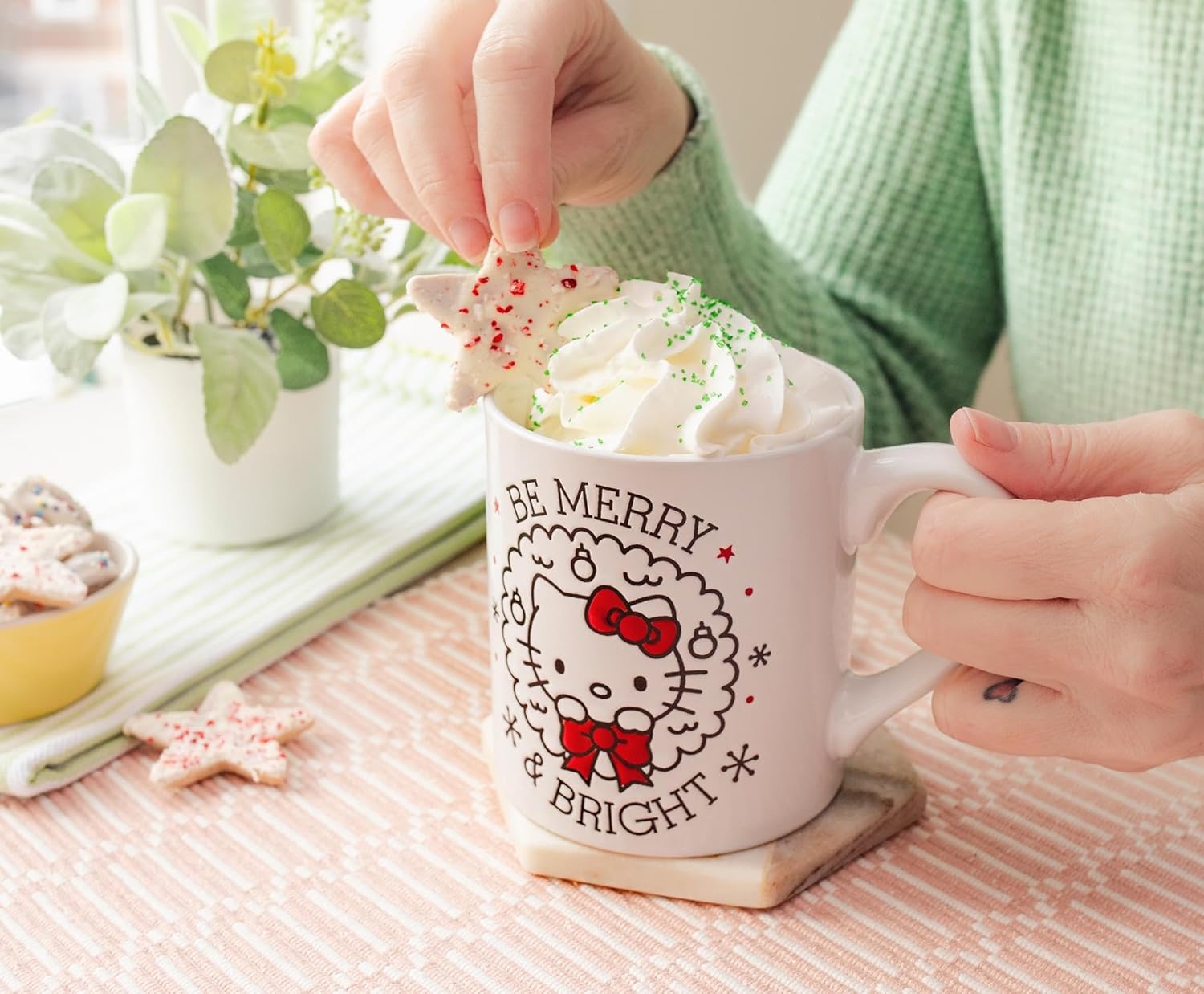 Silver Buffalo Sanrio Hello Kitty Be Merry & Bright Wax Resist Ceramic Mug | Coffee Cup For Tea, Espresso, Cocoa | Holds 14 Ounces