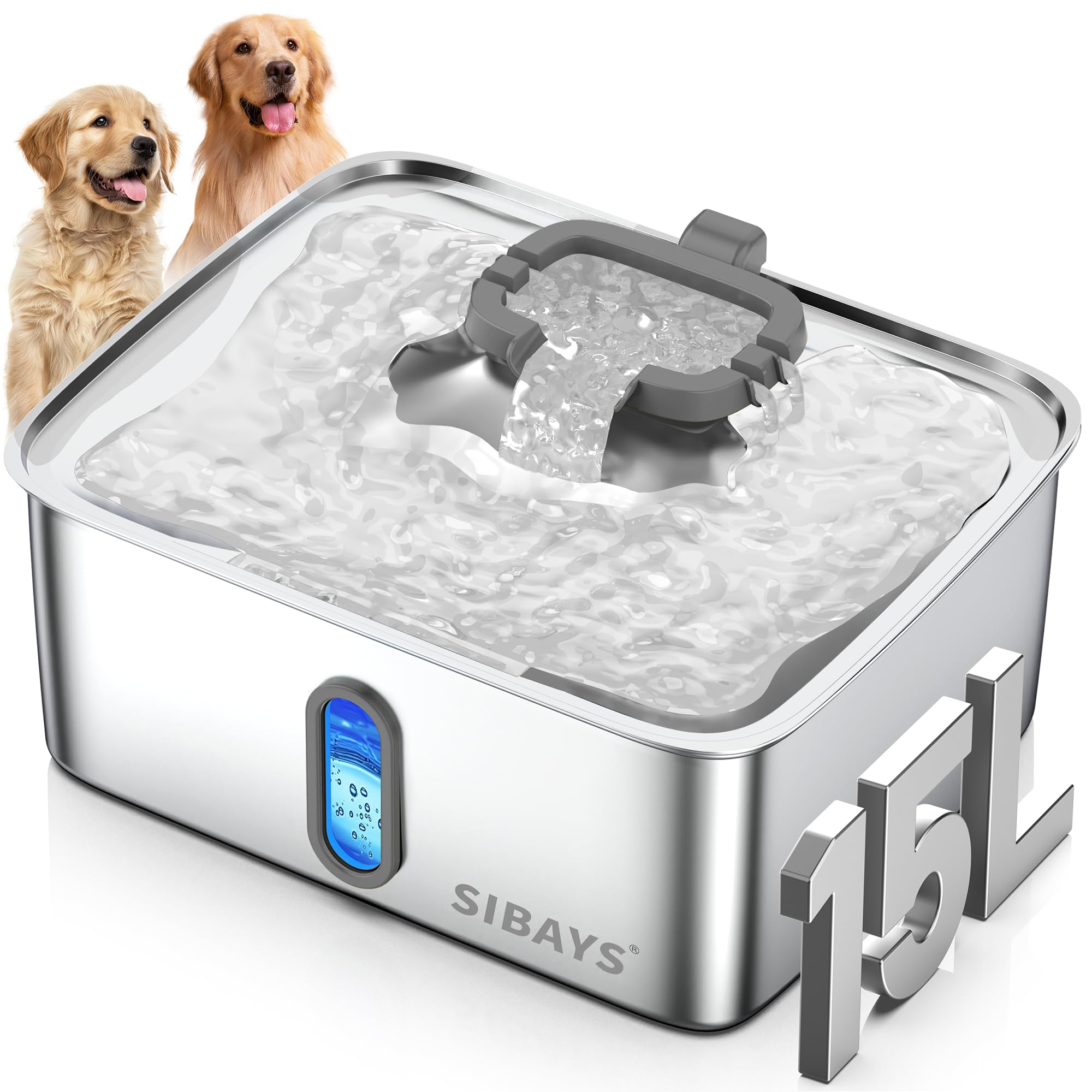 SIBAYS 4Gal/15L Dog Water Fountain for Large Dogs, Stainless Steel Large Pet Water Fountain, Ultra Quiet Automatic Dog Water Bowl Dispenser with Water Level Window and LED Light(FS78, Silver-Grey)
